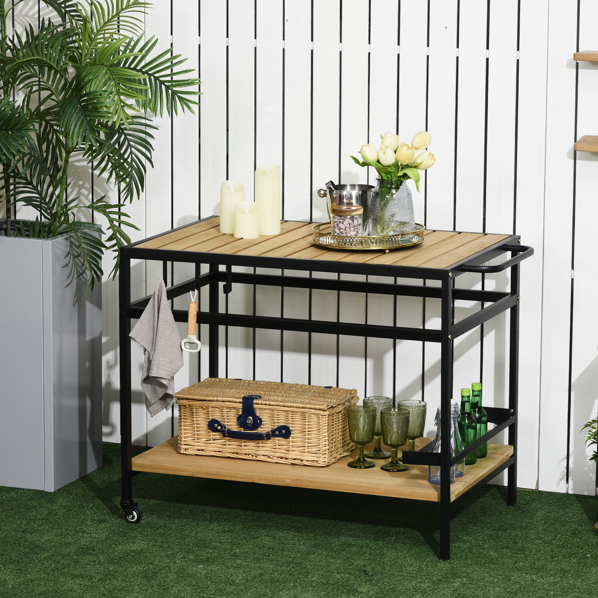 Servierwagen im Industrie-Design, wetterbeständig, 3 Haken, 1 Regal,107 cm x 65 cm x 80 cm, Schwarz +Natur