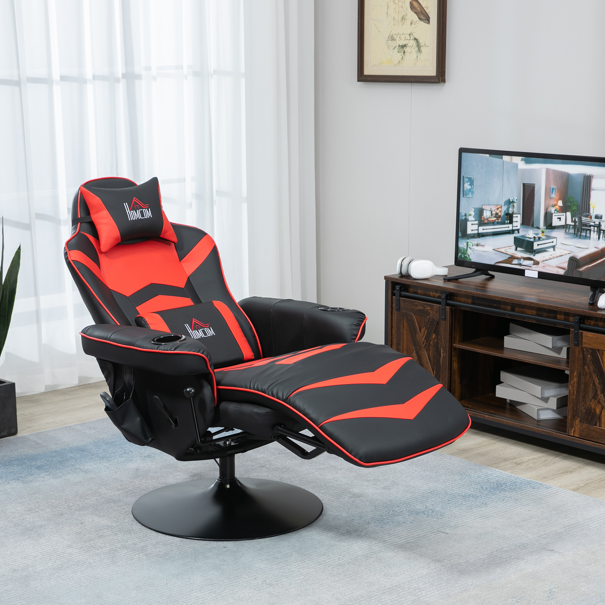 Gamingsessel, Massagefunktion, neigbare Lehne, Fußstütze, bis 120 kg, Stahlrahmen, Kunstleder, Rot