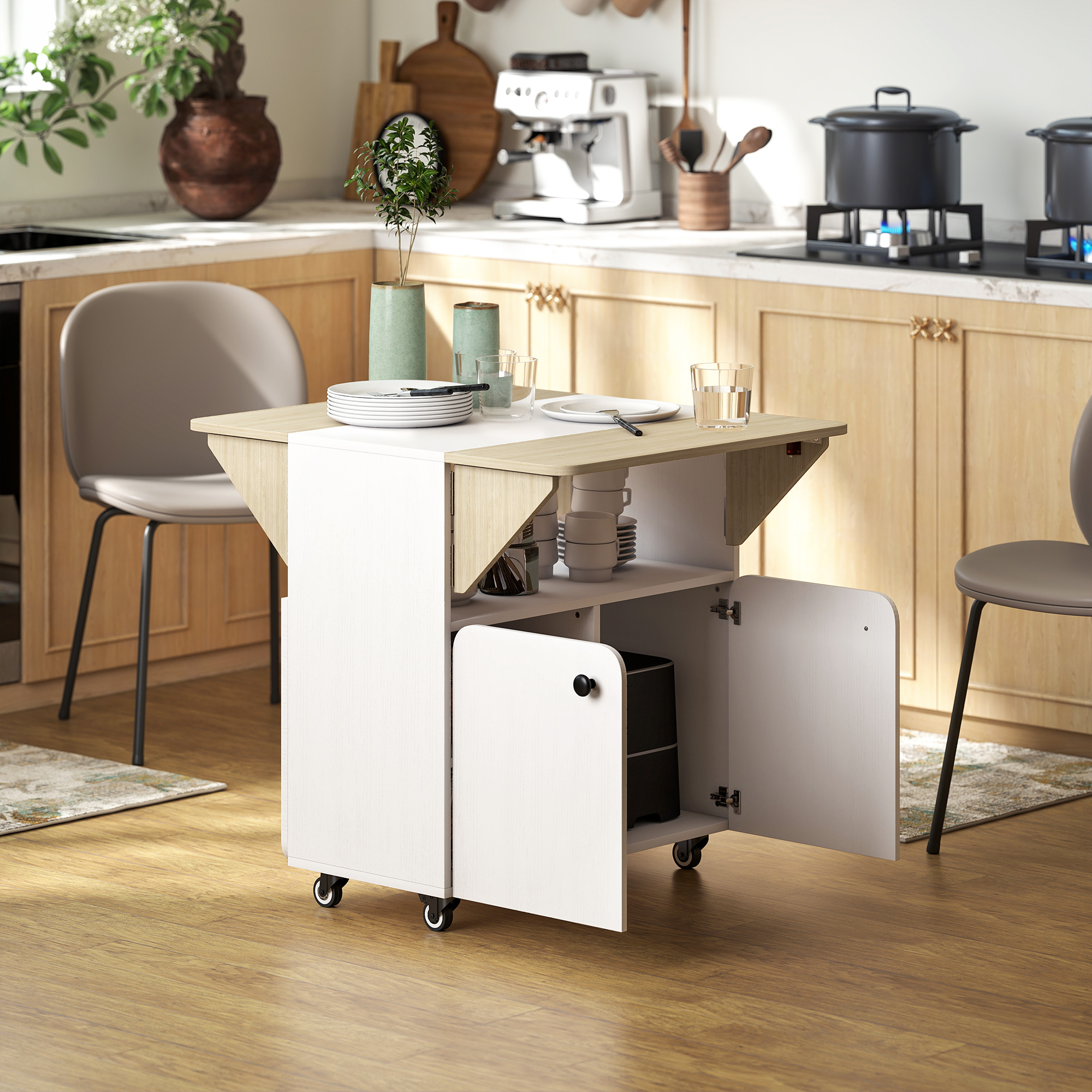 Klapptisch Rollschrank, zwei klappbare Tischseiten, Schrankfach, 4 Rollen, Weiß+Naturholz, 70 x 83 x 75cm