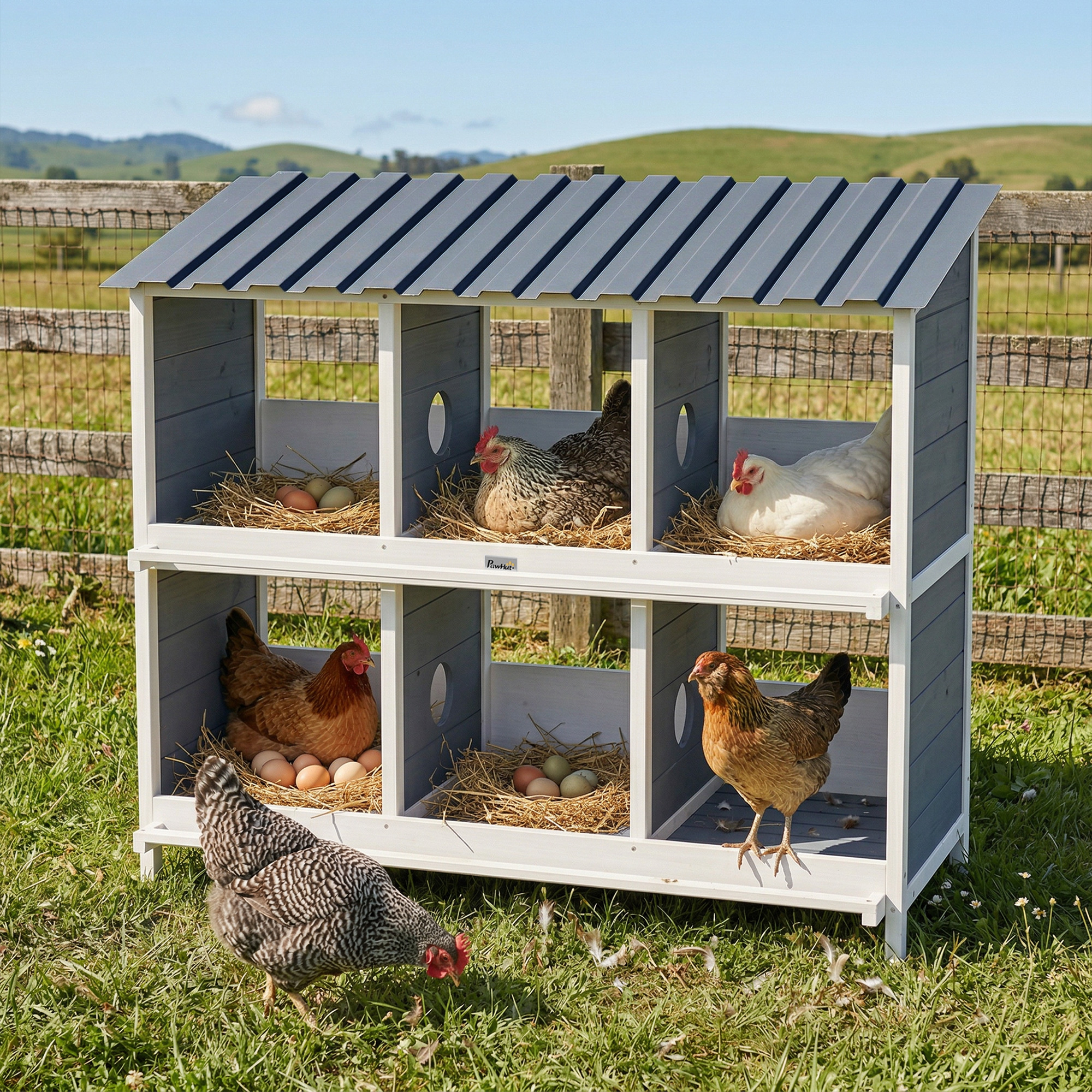 Legenest für Hühner, erhöhtes Hühnernest aus Holz mit 6 Fächer, 2 Sitzstangen für Kleintierstall 102 x 50 x 91 cm, Grau