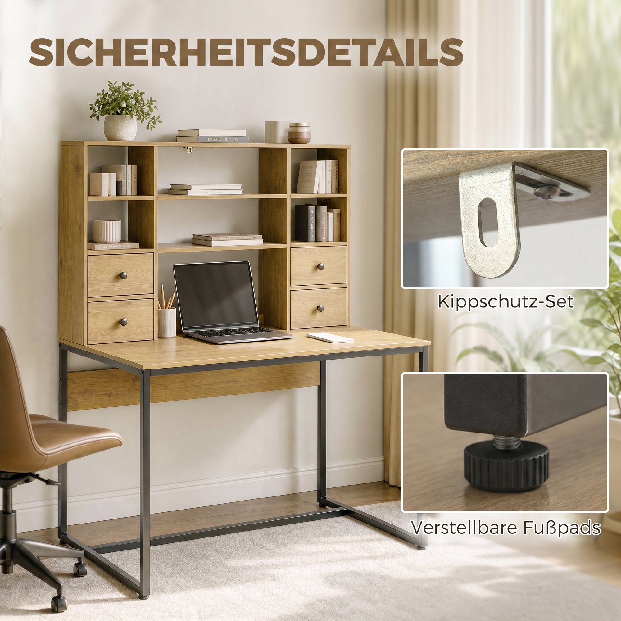 Computertisch mit 4 Schubladen und Regalen, Schreibtisch 105 cm, Naturholz