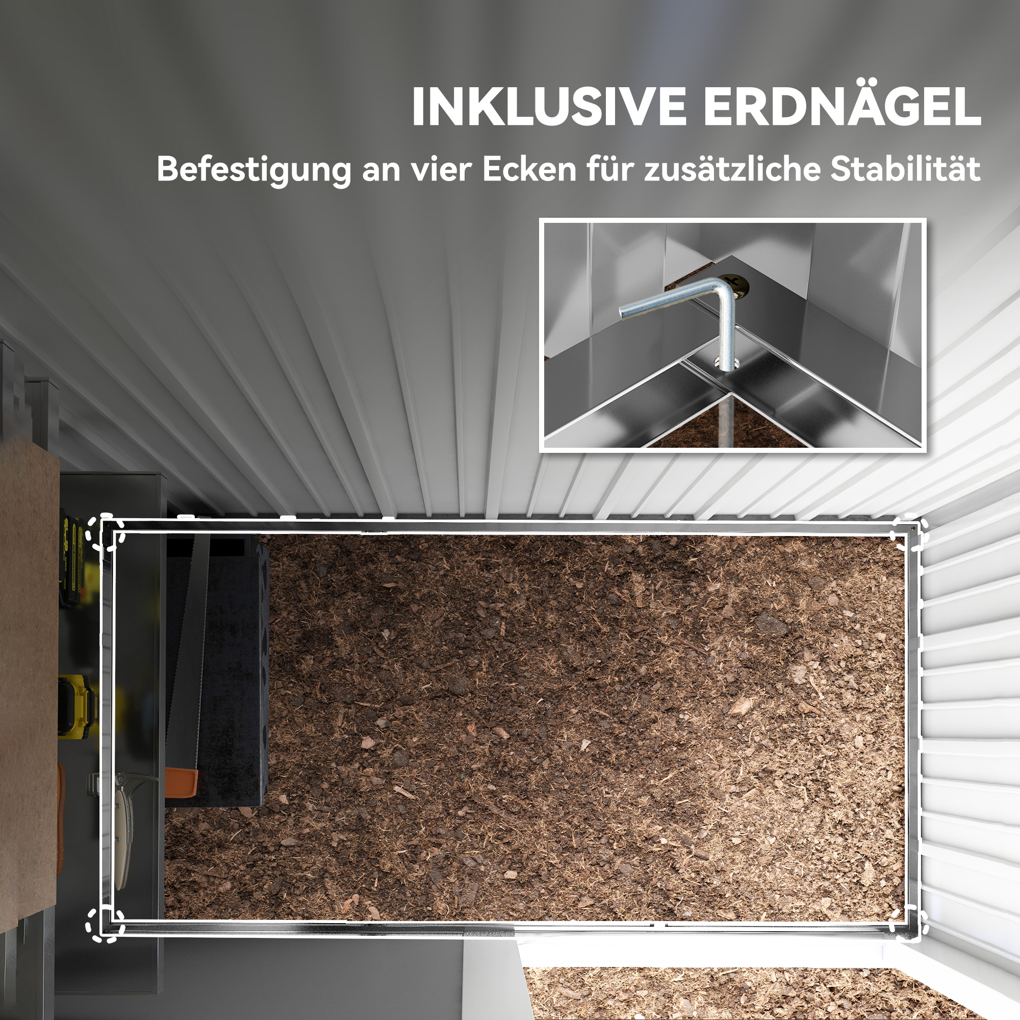 Gartenschuppen, Outdoor-Geräteschuppen aus Wellstahl, Wanddesign, verstellbare Regalböden, verschließbare Tür Dunkelgrau