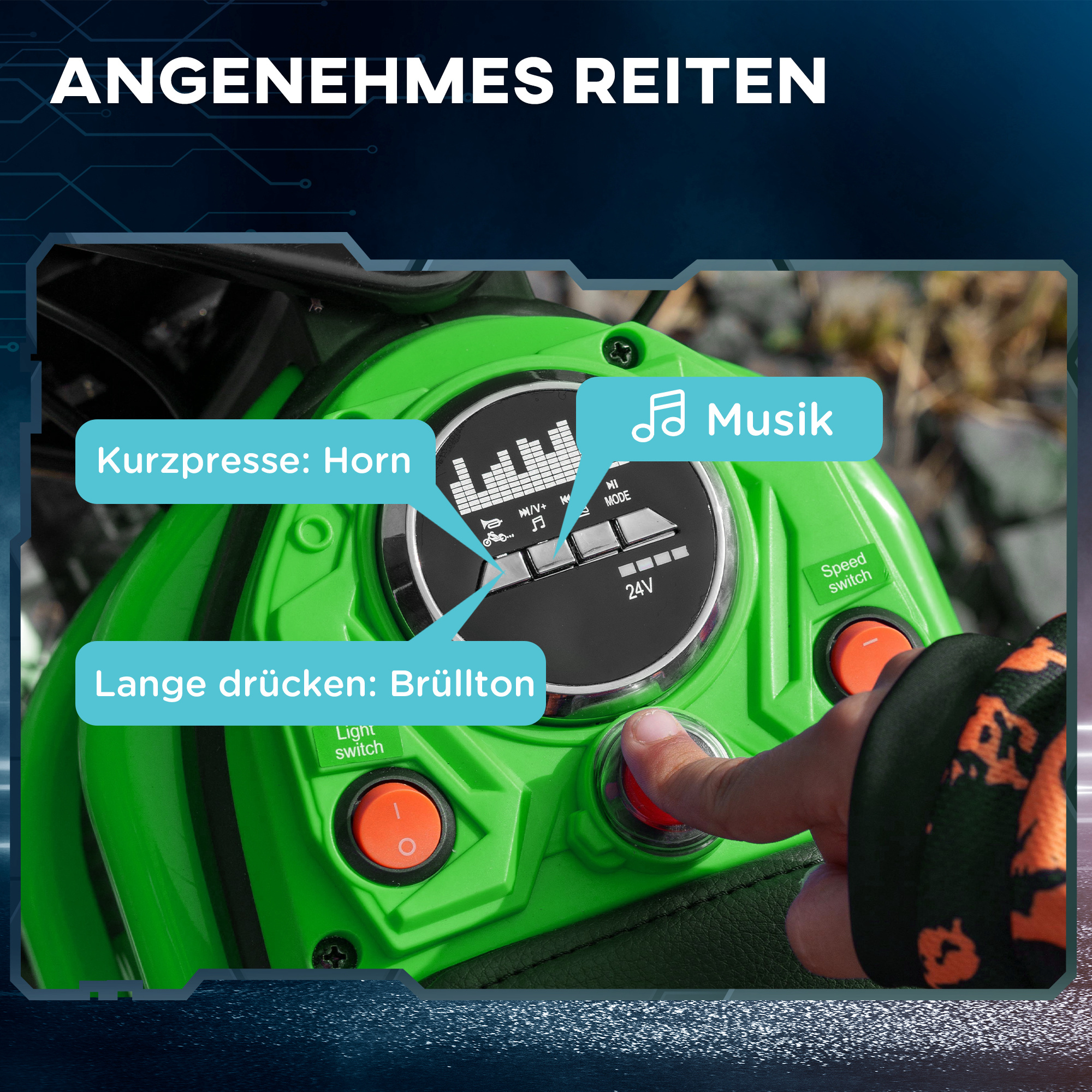 Elektro-Kindermotorrad, 24V Motor, einstellbare Geschwindigkeit, Musik & Lichter, Grün