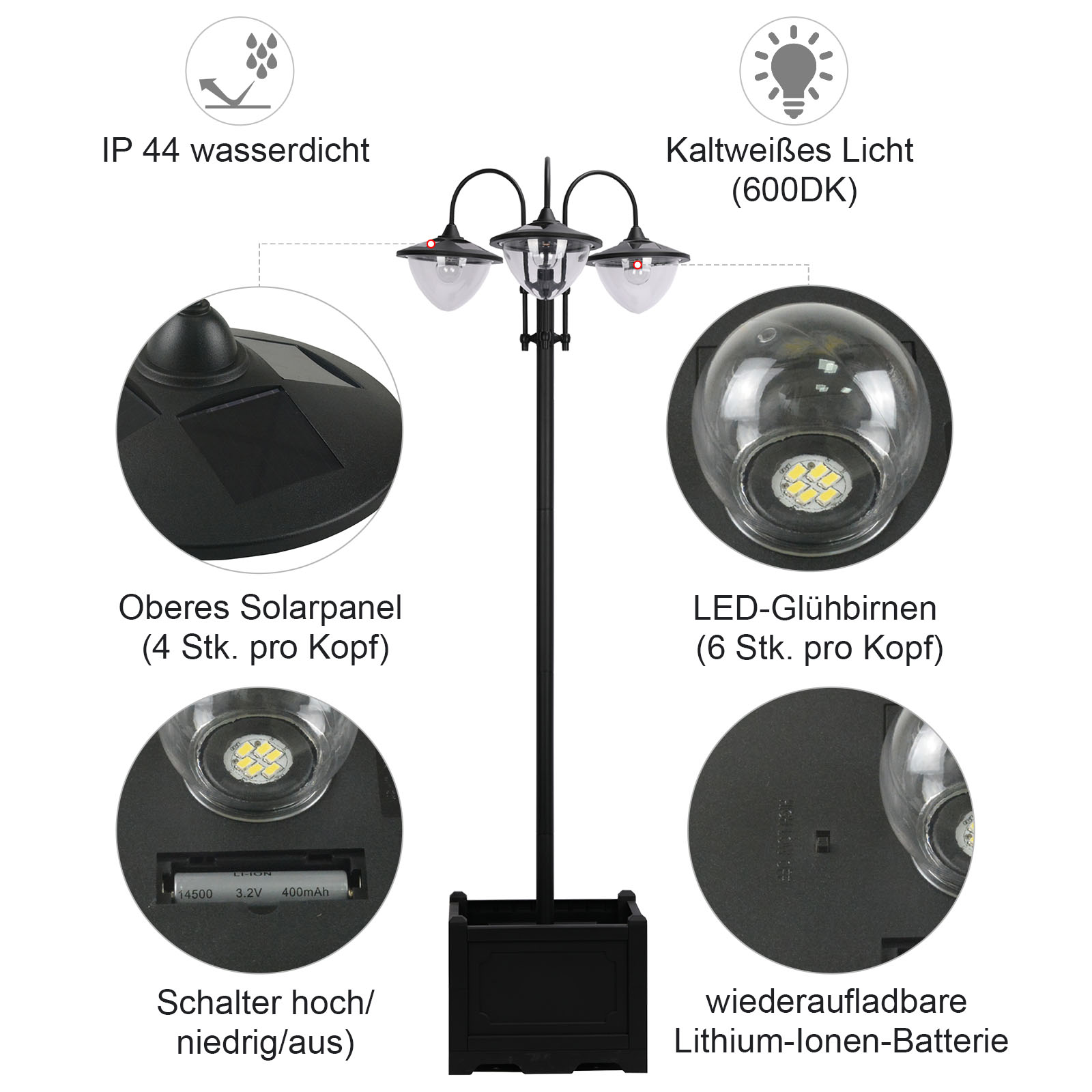 Solar Laterne Stehleuchte aus Metall, Gartenlaterne mit Lichtsteuerung, 189 cm hoch, Windlicht Außenleuchte, Wasserdicht IP44 mit Blumentopf-Basis für Garten Balkon Deko Schwarz
