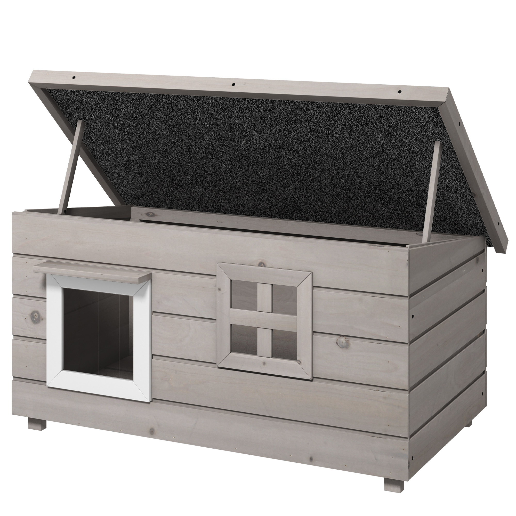 Katzenhaus aus Holz wasserdicht Katzenhütte mit Asphaltdach klappbarem Deckel Fenster Winterfest Schutzhütte Katzenhöhle Outdoor Katzenkiste für Garten Balkon Draußen 87 x 52 x 44 cm Grau