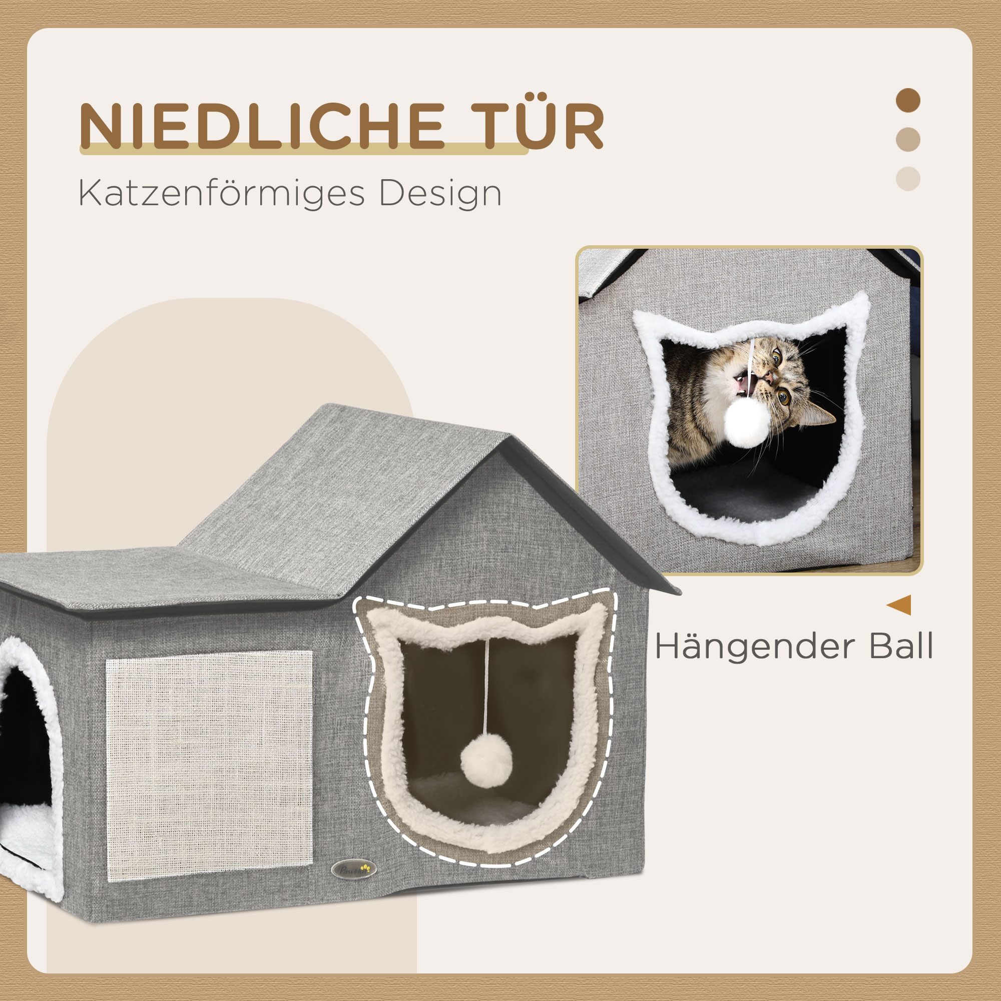 Katzenhaus mit Kratzfläche, inkl. Spielball, Katzenhöhle, 65 cm  x 41 cm x 45.5H cm, Braun + Weiß + Beige