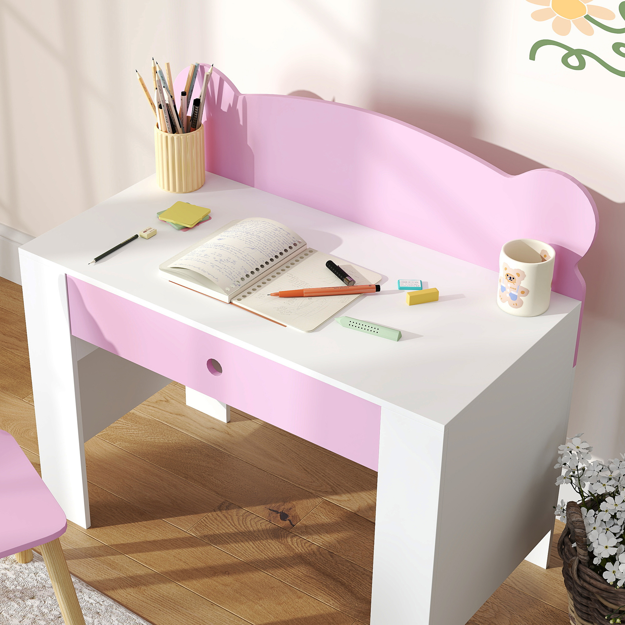Schreibtisch-Set für Kinder, Arbeitstisch und Stuhl mit Bärenform, Schublade, zum Schreiben und Basteln, 3-8 Jahre, Rosa