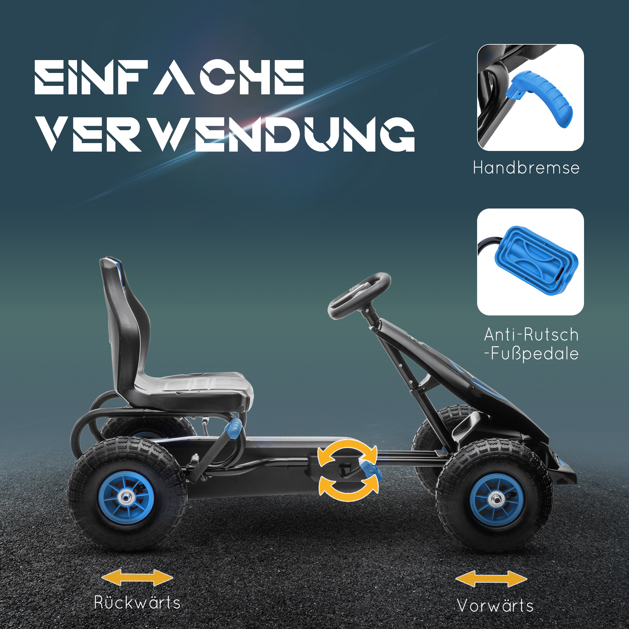 Kinder-Gokart, mit Pedalen, verstellbarem Sitz, In- und Outdoor, ab 5 Jahren, blau+schwarz, 121 x 58 x 61 cm