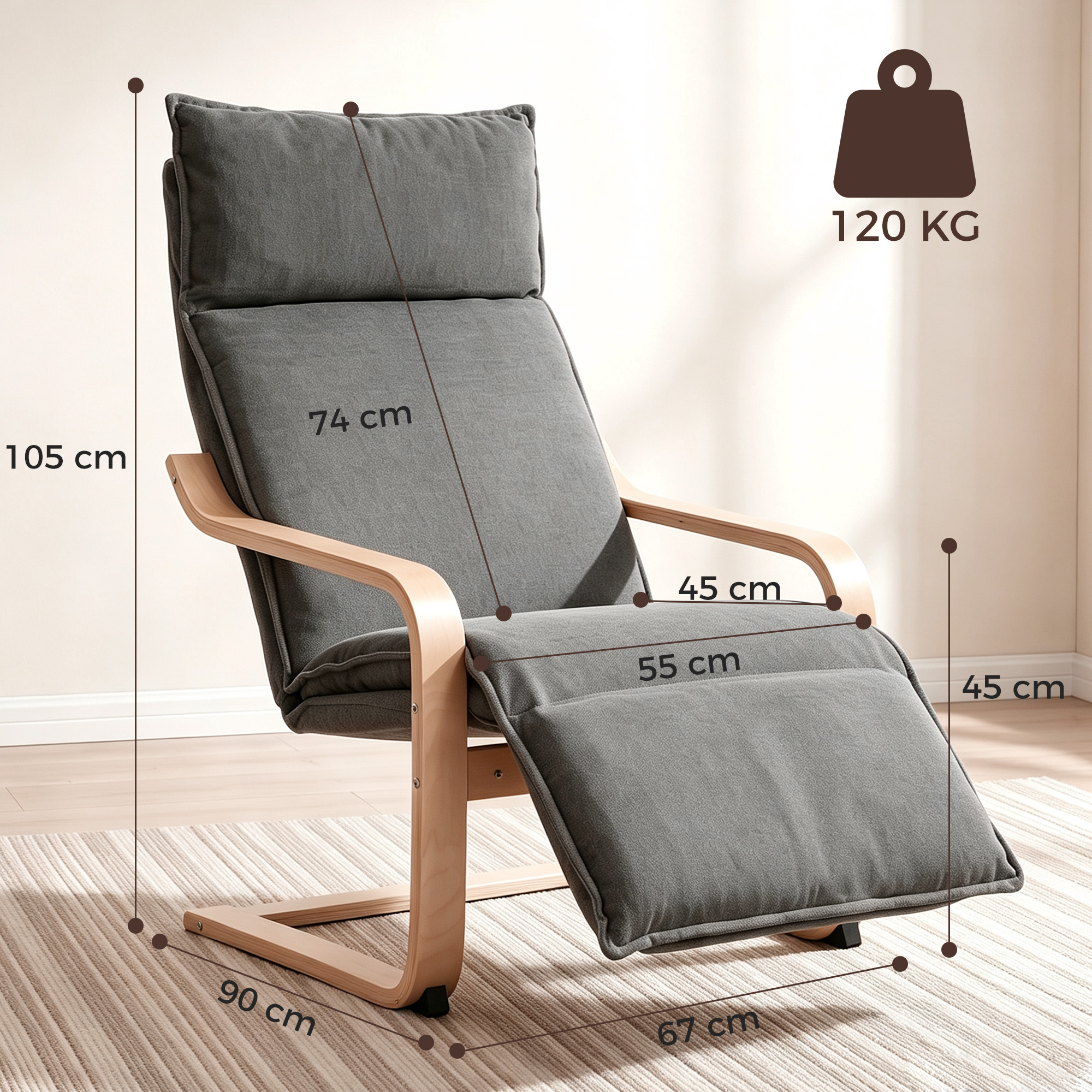 Loungesessel Wohnzimmer Sessel mit Fußstütze, Leinenoptik Moderner Schwingsessel mit Schaukelfunktion Dunkelgrau