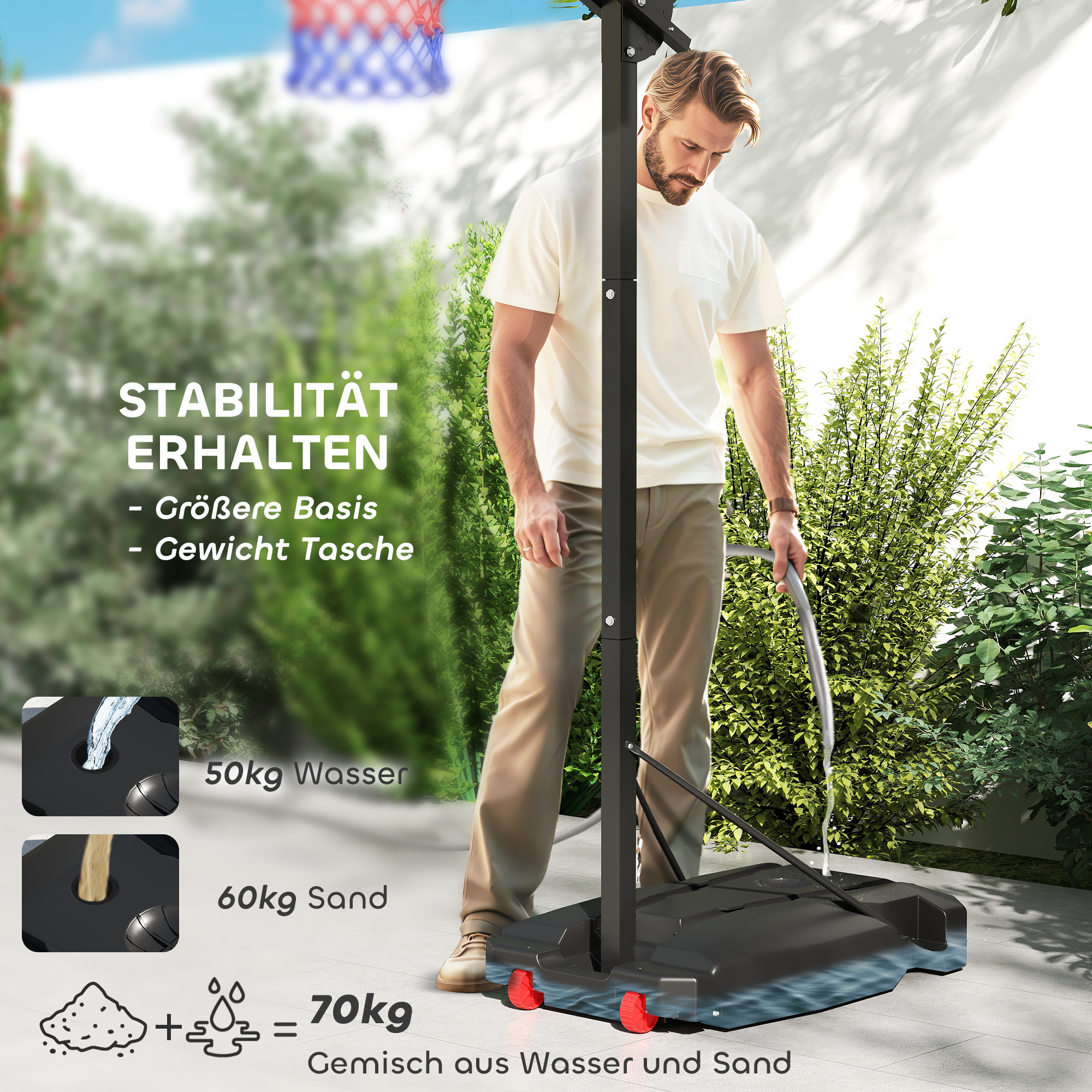 Basketballkorb, Outdoor-Basketballkorb für Jugendliche 200-260 cm höhenverstellbar, mit Rädern, Rot