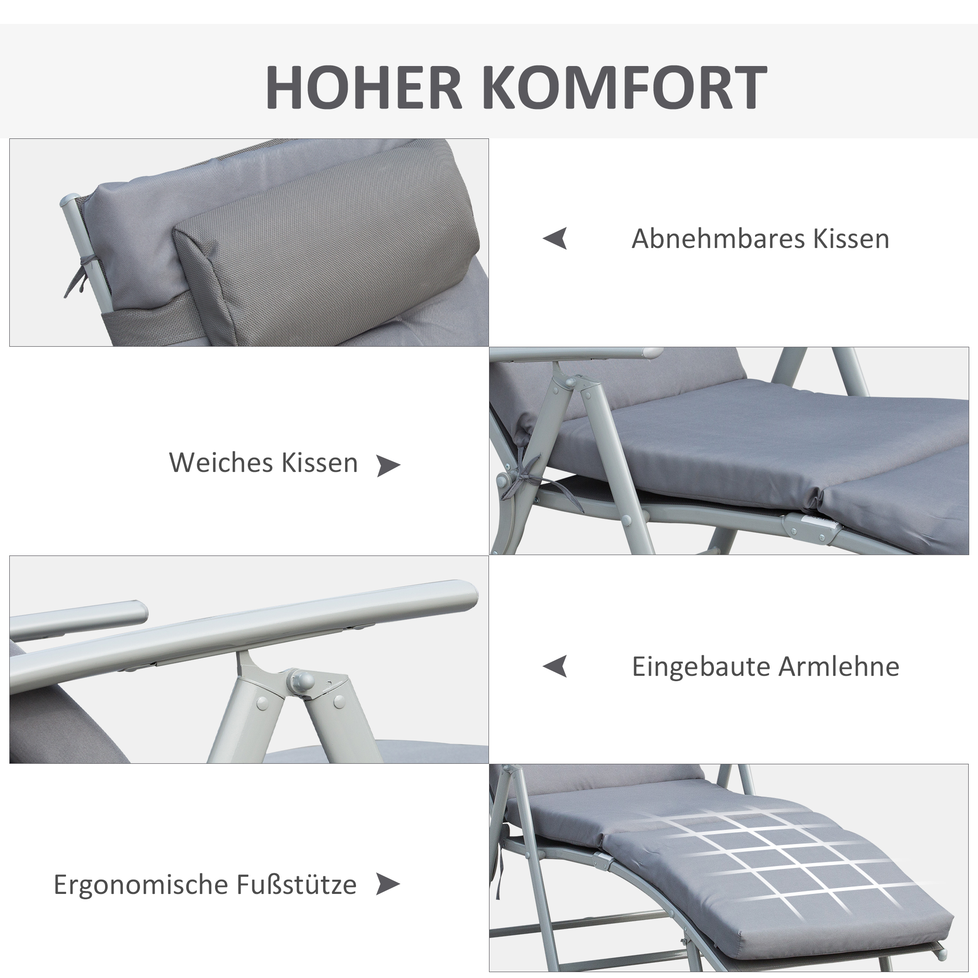 Sonnenliege klappbar Strandliege mit Kopfkissen Sitzkissen Liegestuhl mit 7-Fach verstellbare Rückenlehne Gartenliege Relaxliege bis 165 kg belastbar, für Garten Urlaub Outdoor, Grau