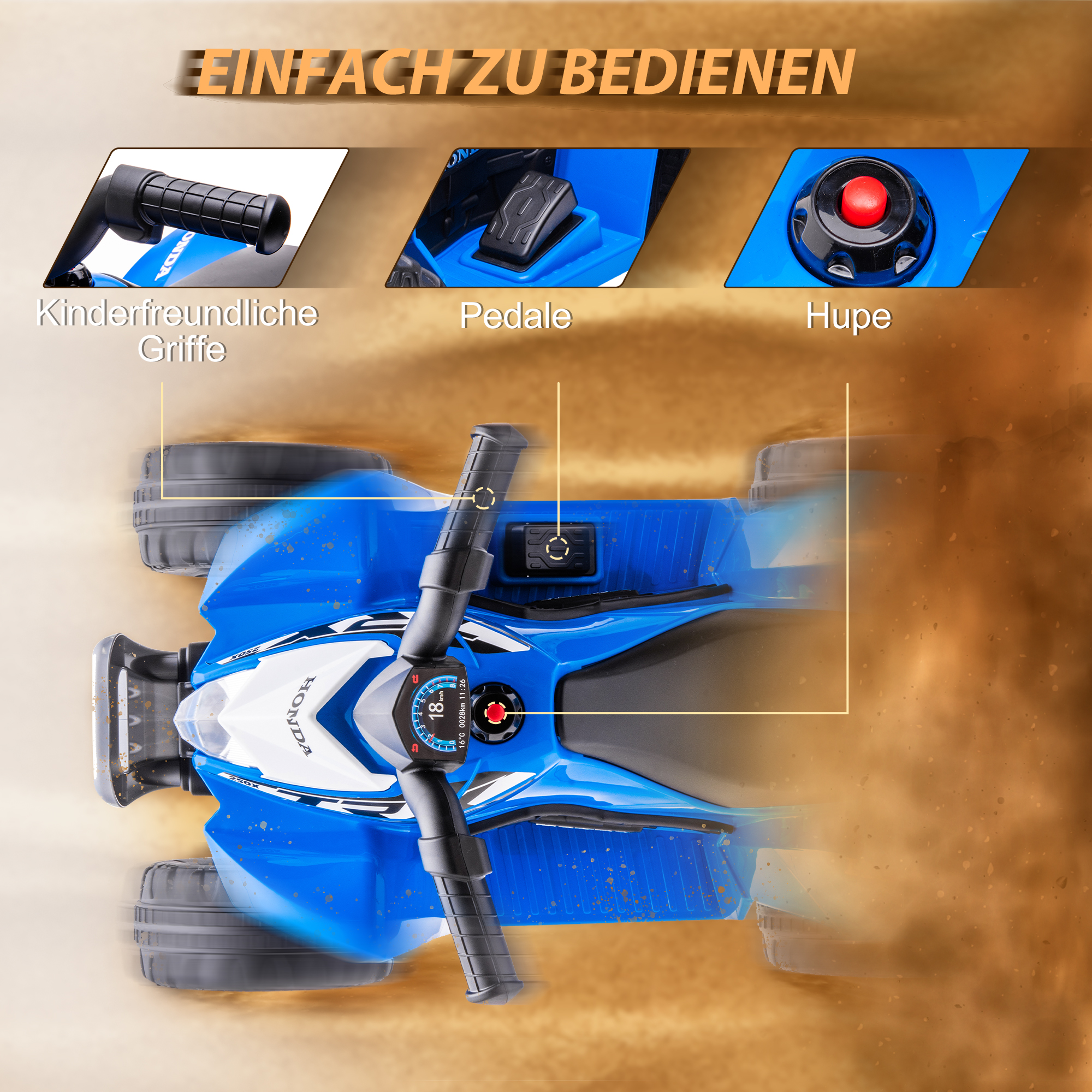 Elektro-Kinderquad, LED-Licht, Hupe, breite Reifen, bequemer Sitz, rutschfeste Griffe, Blau