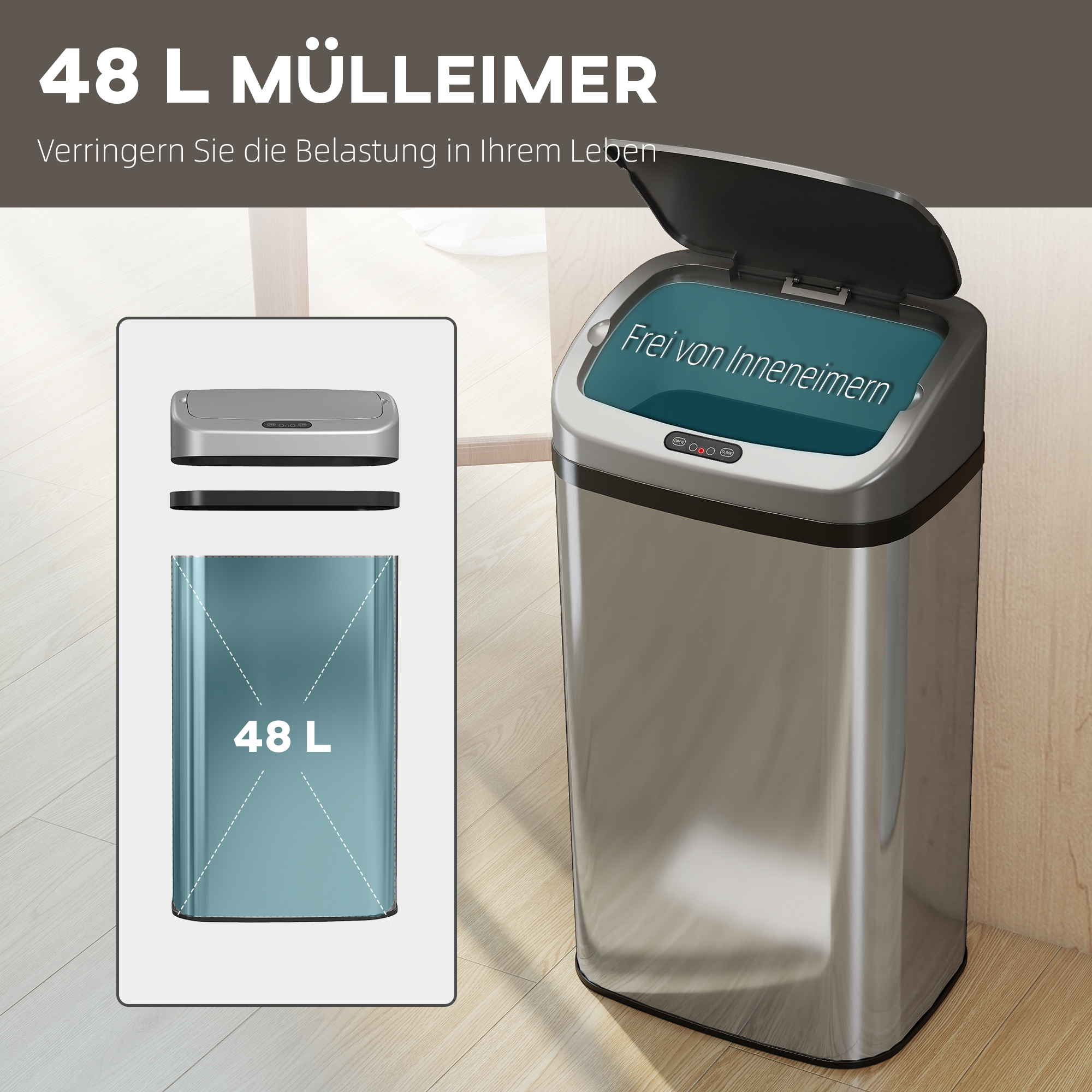 48 L Sensor-Mülleimer für Küche oder Büro, automatische Schließ-Funktion, Edelstahl, Silberton