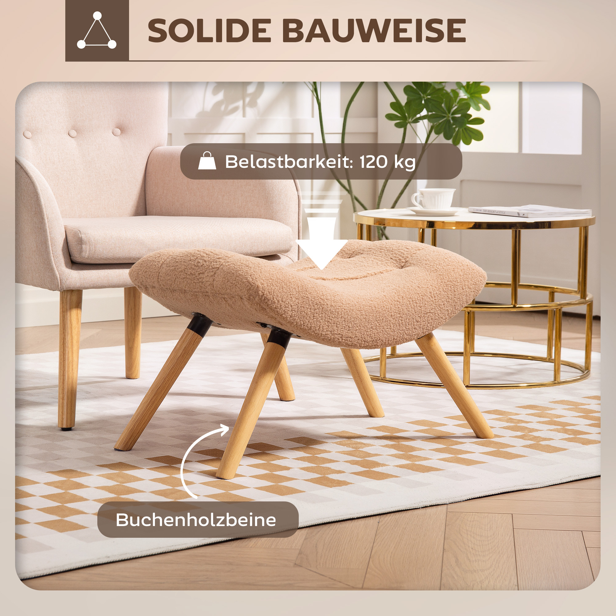 Moderner Fußhocker mit Fleece-Bezug und Holzbeinen, gepolstert, für Wohnzimmer, Schlafzimmer, Flur, Braun