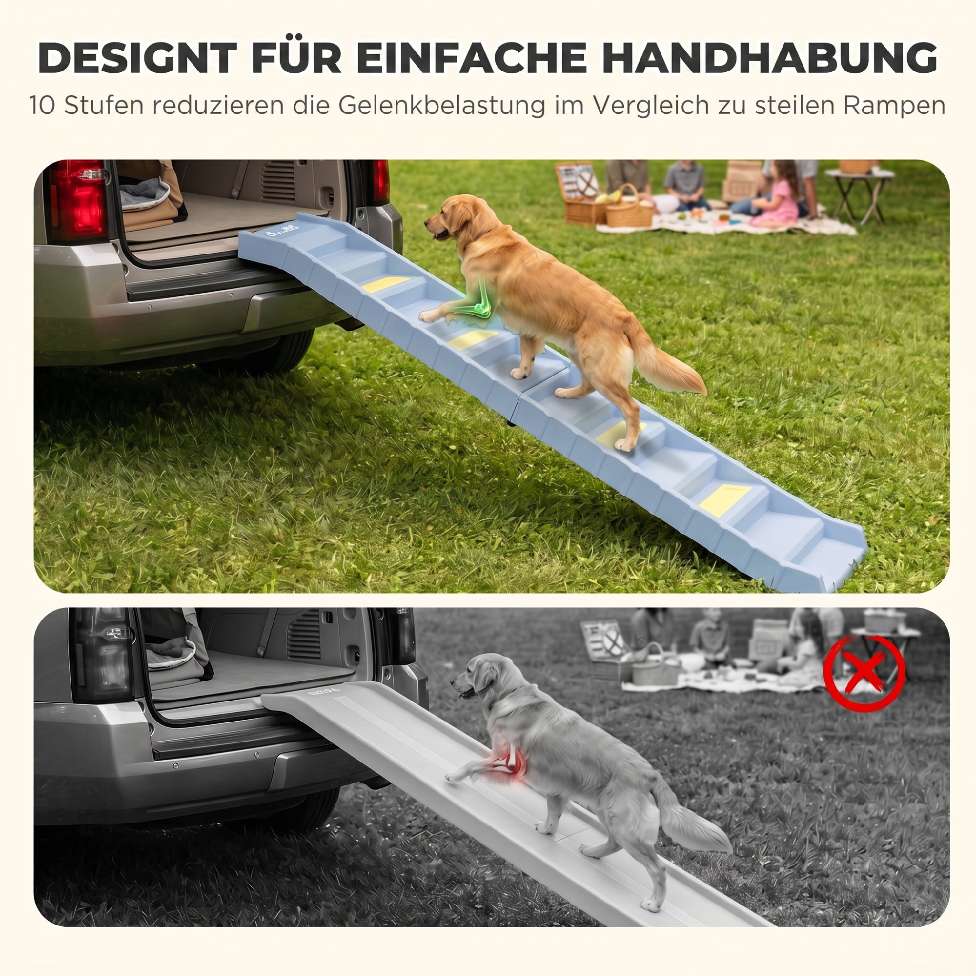Hunderampe Auto klappbar Hundetreppe mit 10 Stufen Rutschfester Oberfläche, 154x40cm für groß Hunde bis 25kg