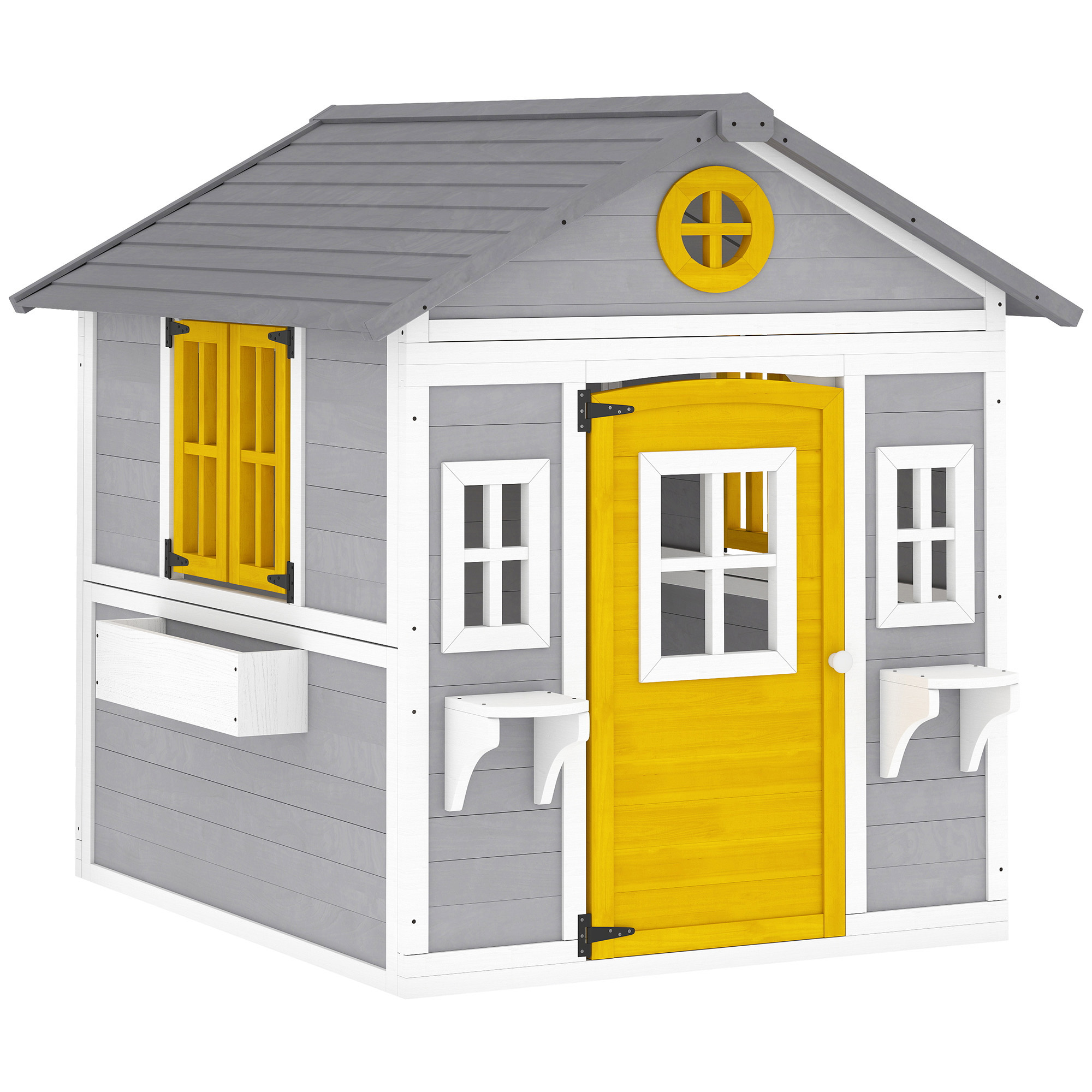 Spielhaus Wetterfestes Kinderspielhaus aus Holz mit Tür 6 Fenster 2 Blumenkästen 2 Blumenständern für 3-8 Jahre Grau