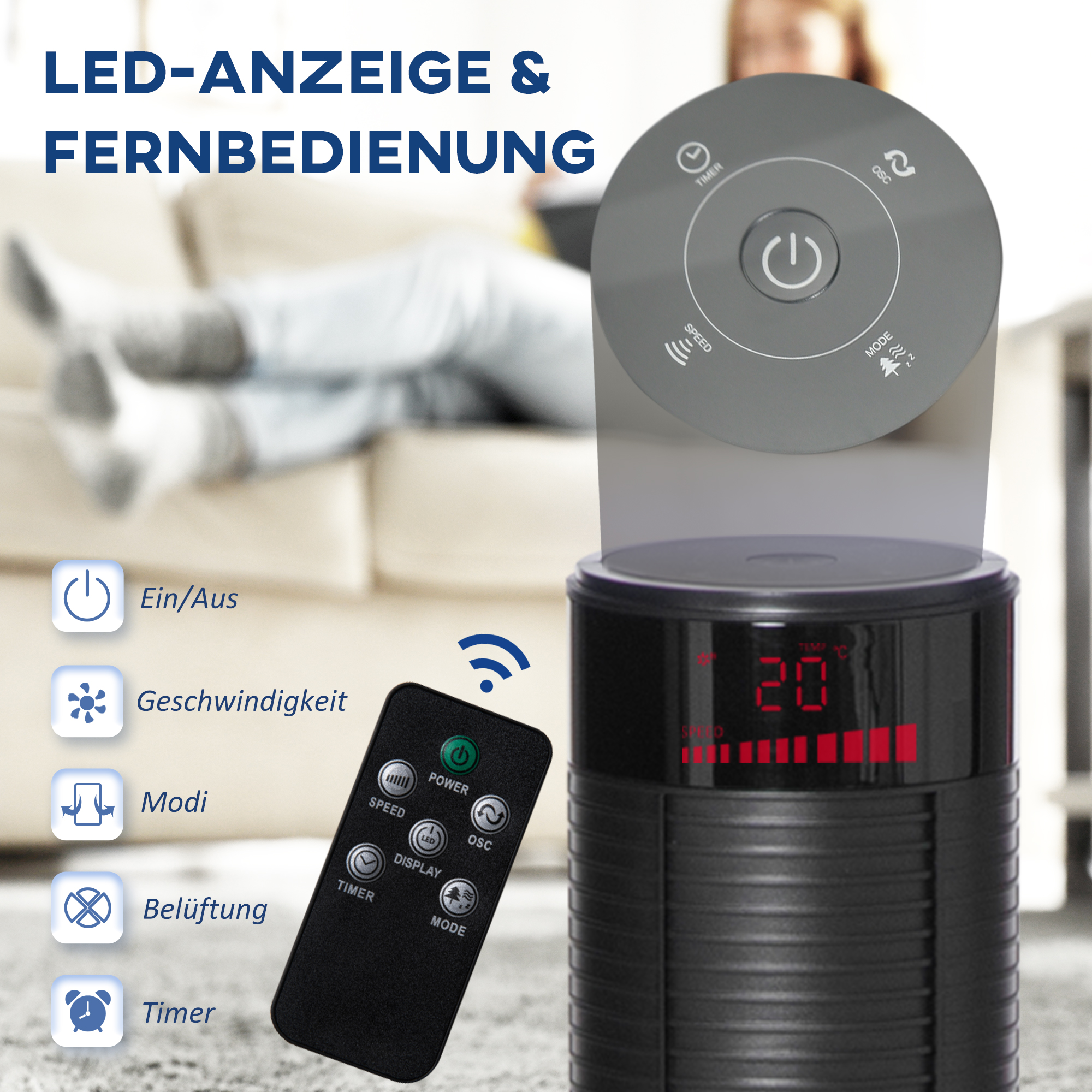 Turmventilator leise mit Fernbedienung 117 cm 70° Oszillierende Ventilator Standventilator mit 4 Modi, 3 Geschwindigkeiten, 12 Std.-Timer, LED-Anzeige, Schwarz