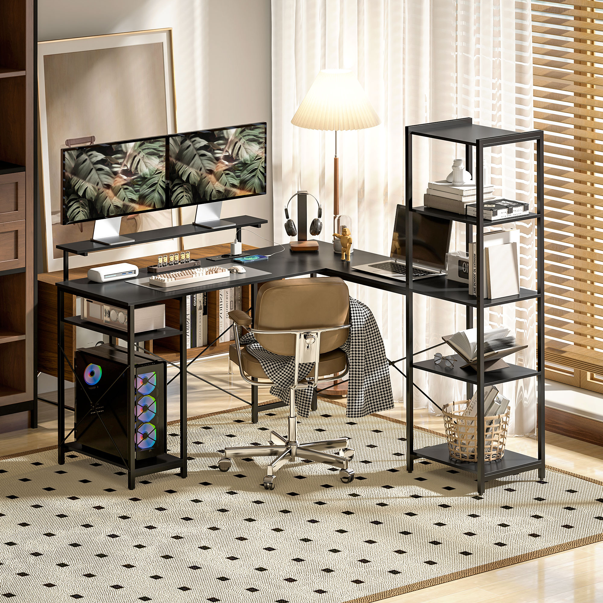 L-förmiger Schreibtisch mit Ladestation, Eck-Computertisch mit Monitorständer und Regalen, für Homeoffice, Büro, Schwarz