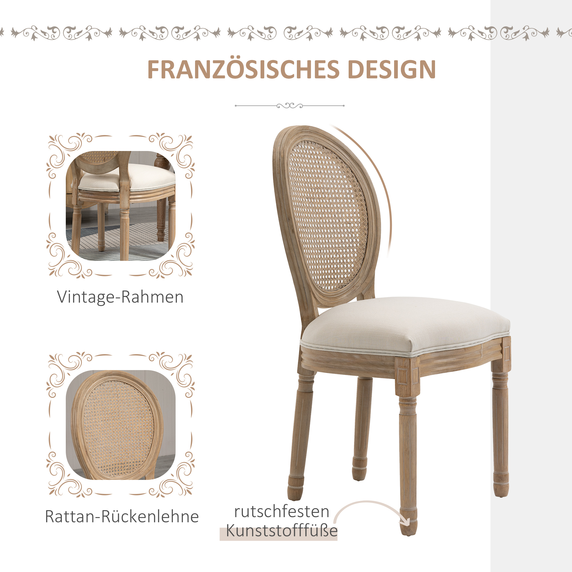 2er-Set Küchenstühle Polsterstühle Wienergeflecht, Massivholz, 49 cm x 56 cm x 96 cm, Cremeweiß +Natur