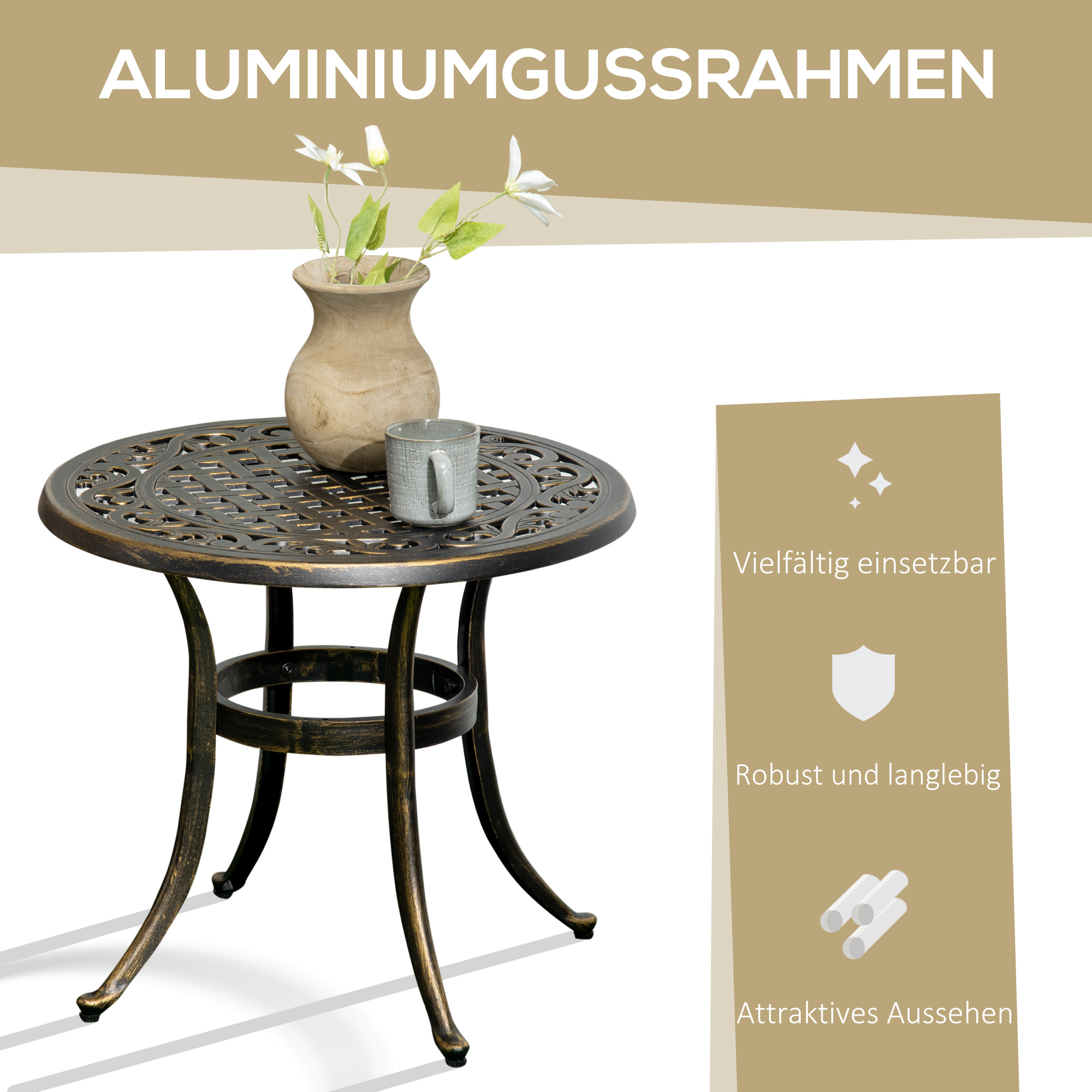 Beistelltisch Garten wetterfester Gartentisch mit Gussaluminiumrahmen, rund 60kg belastbar Ø60x52,5H cm
