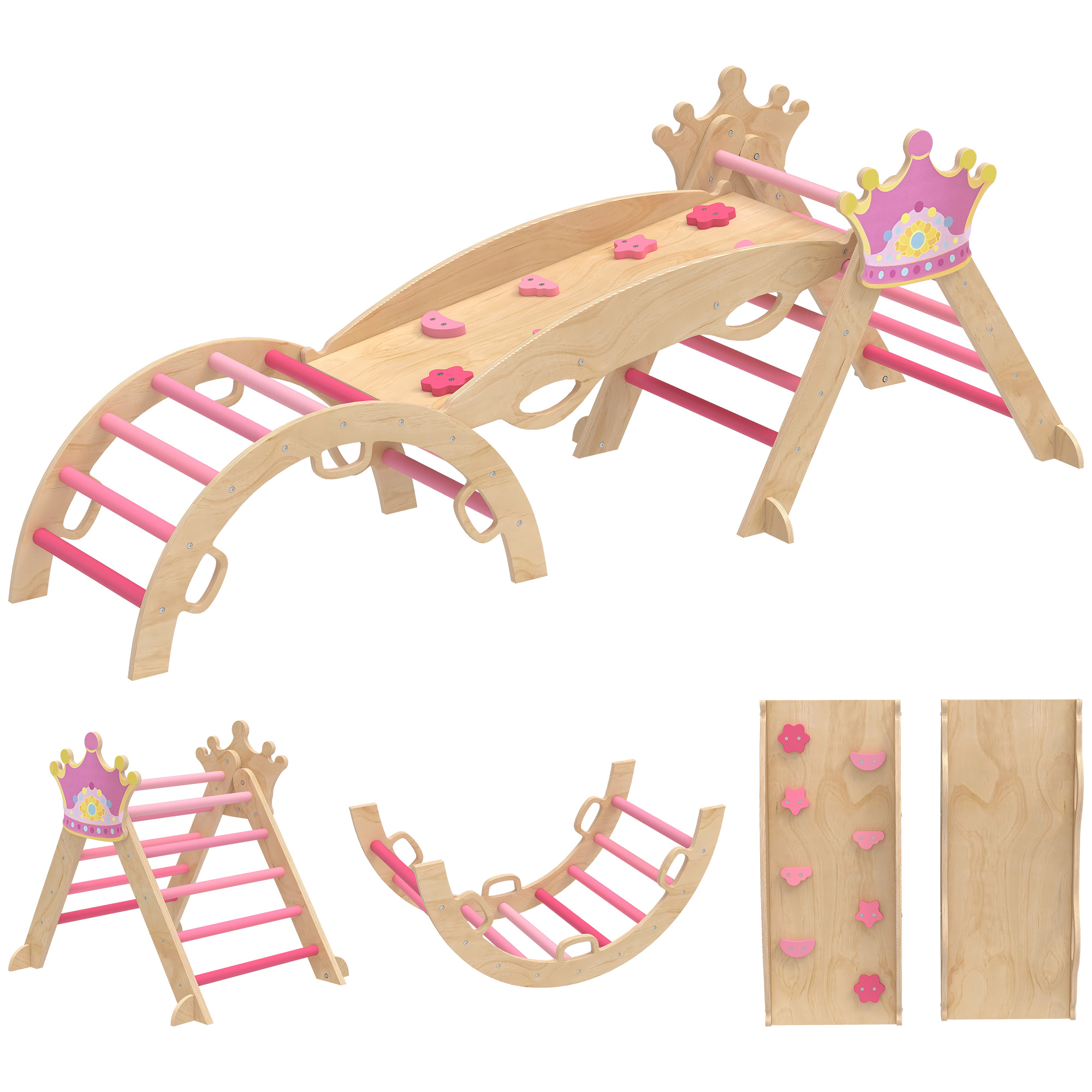 8-in-1 Indoor-Klettergerüst für Kinder, Prinzessinnen-Design, Rutsche, Rampe, Bogen, Holz