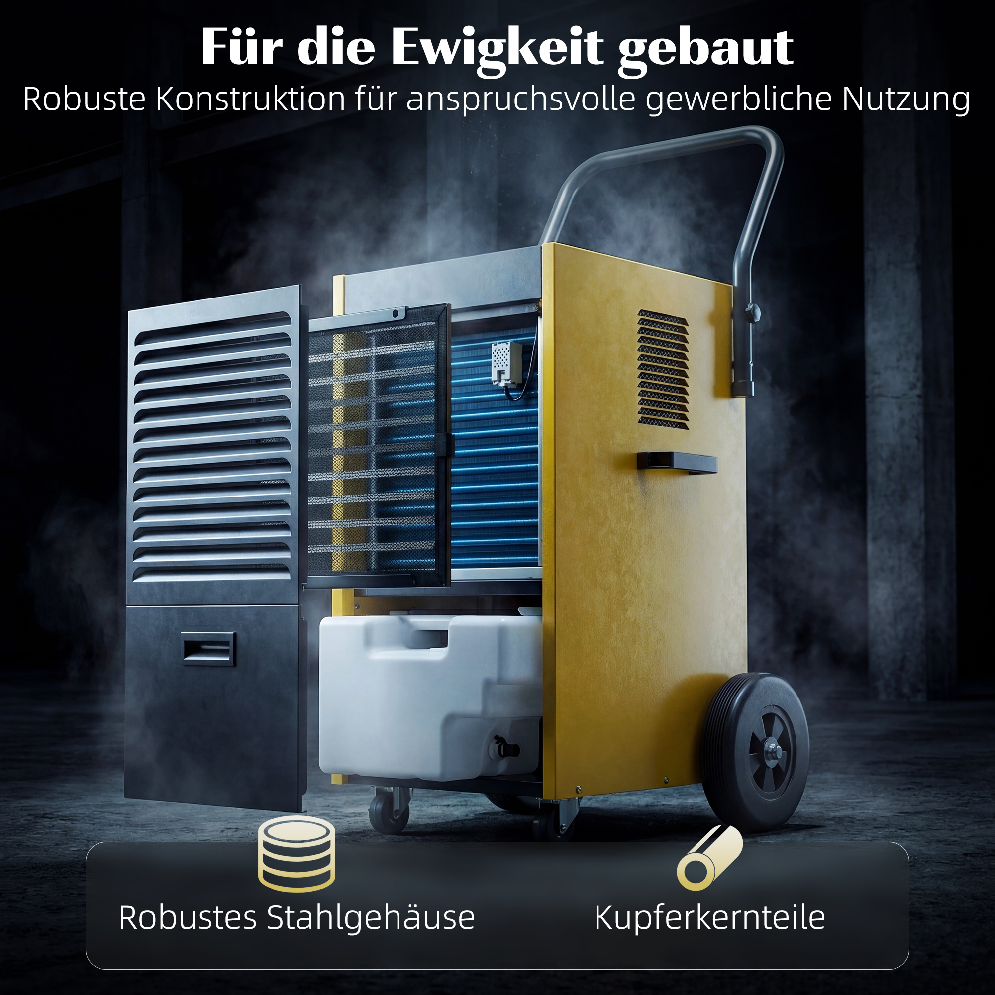 Gewerbe-Luftentfeuchter 70L/Tag mit Rädern und Griff, kontinuierlicher Ablaufschlauch, 24-Stunden-Timer, 5,5L Tank, Gelb