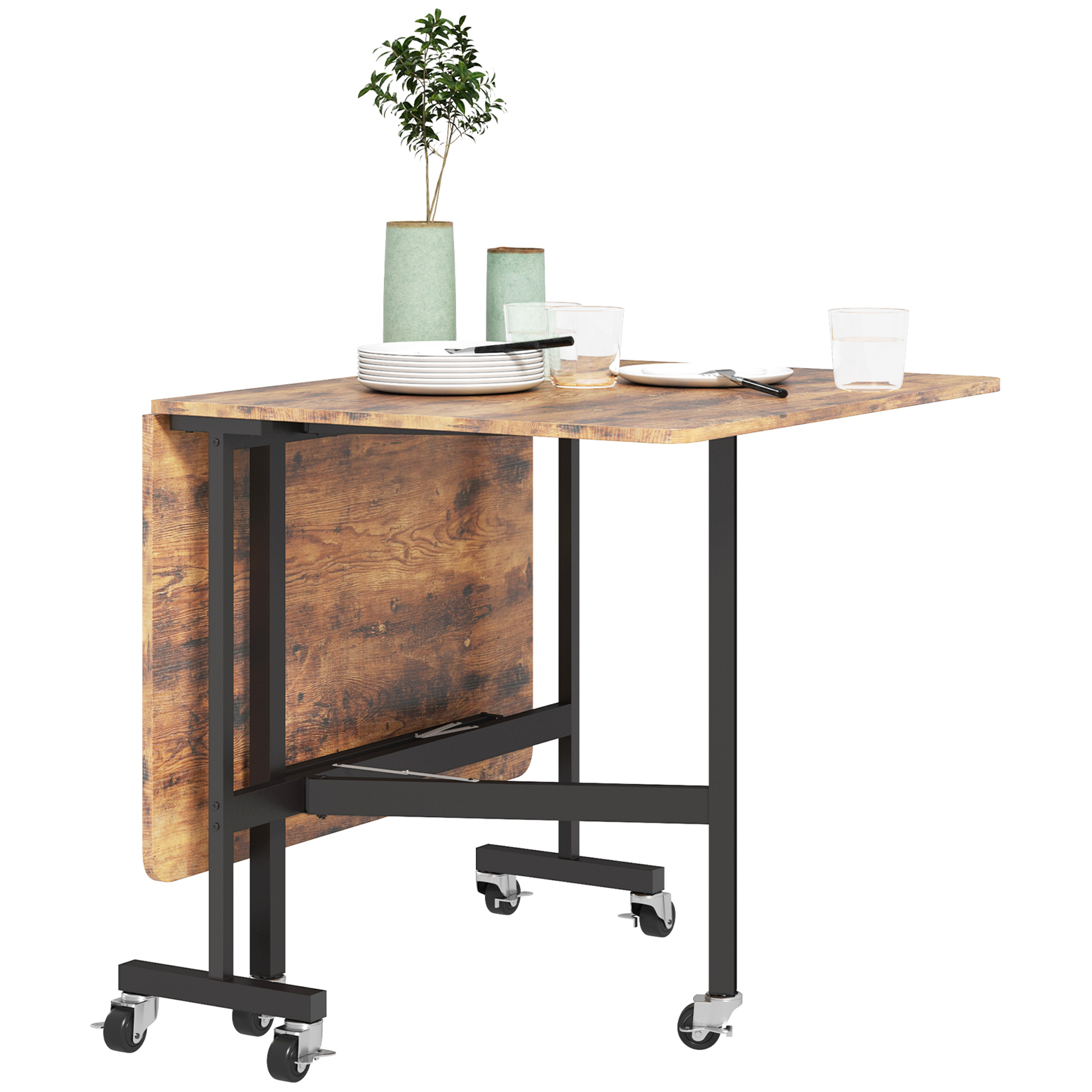 Klappbarer Esstisch, für bis zu 6 Personen geeignet, mit 6 Rollen und Bremsen, für kleine Räume, Braun