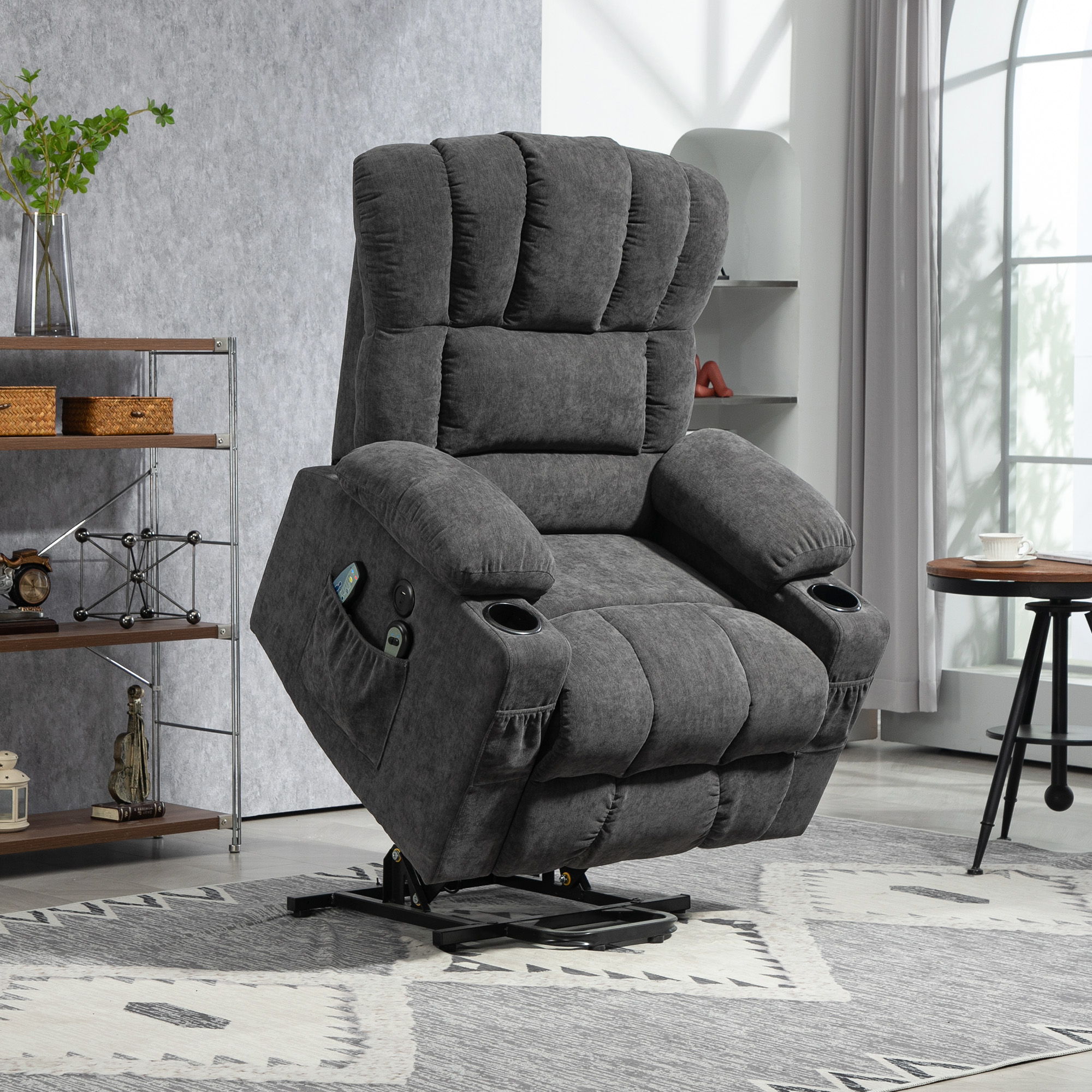 Power Lift Aufsteh-Sessel mit Massage- und Wärmefunktion, USB-Anschlüssen, Becherhaltern, Dunkelgrau