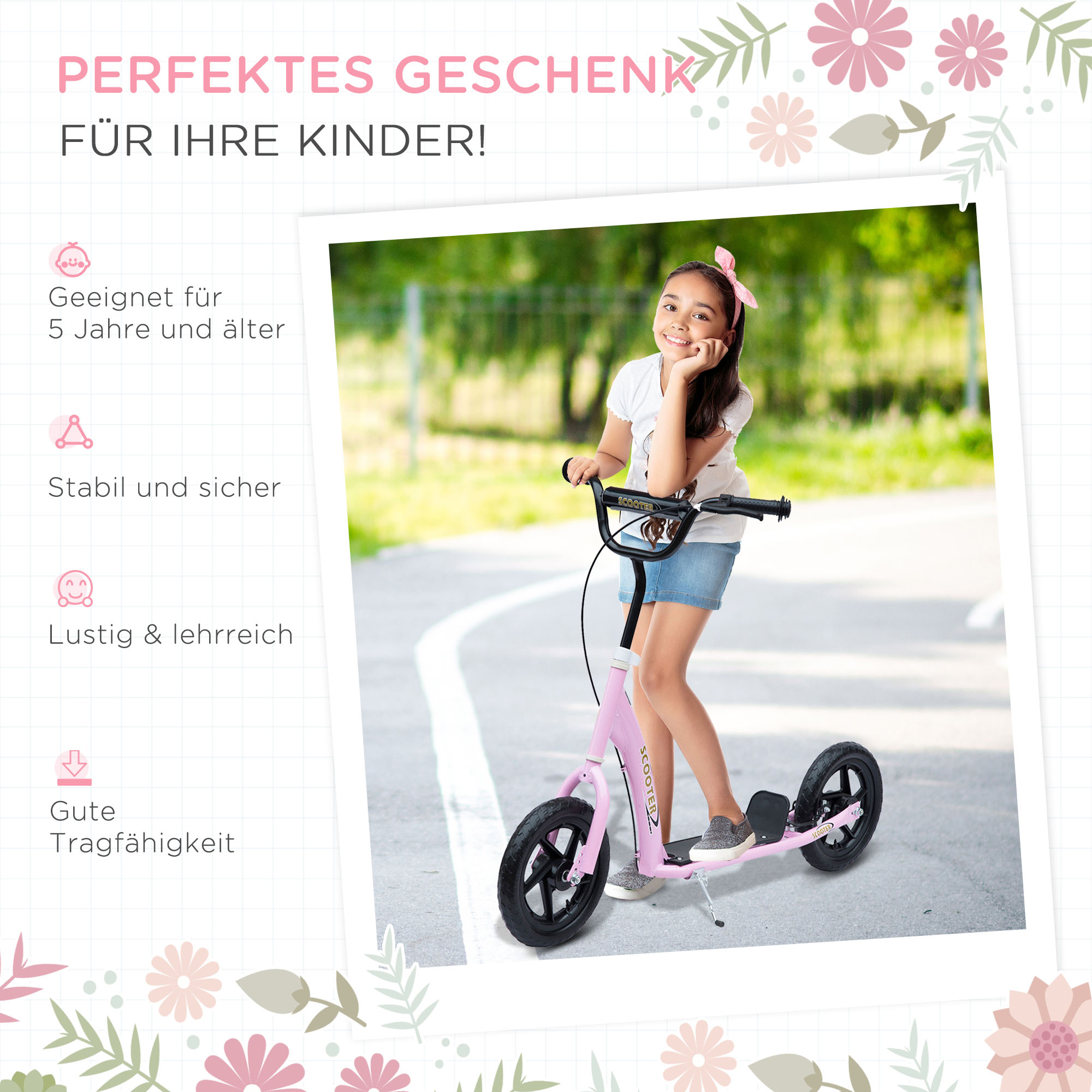 Tretroller, Scooter für Kinder, mit Handbremse, Ständer, 12 Zoll Räder, ab 5 Jahren, Stahl, Rosa 120 x 52 x 88 cm