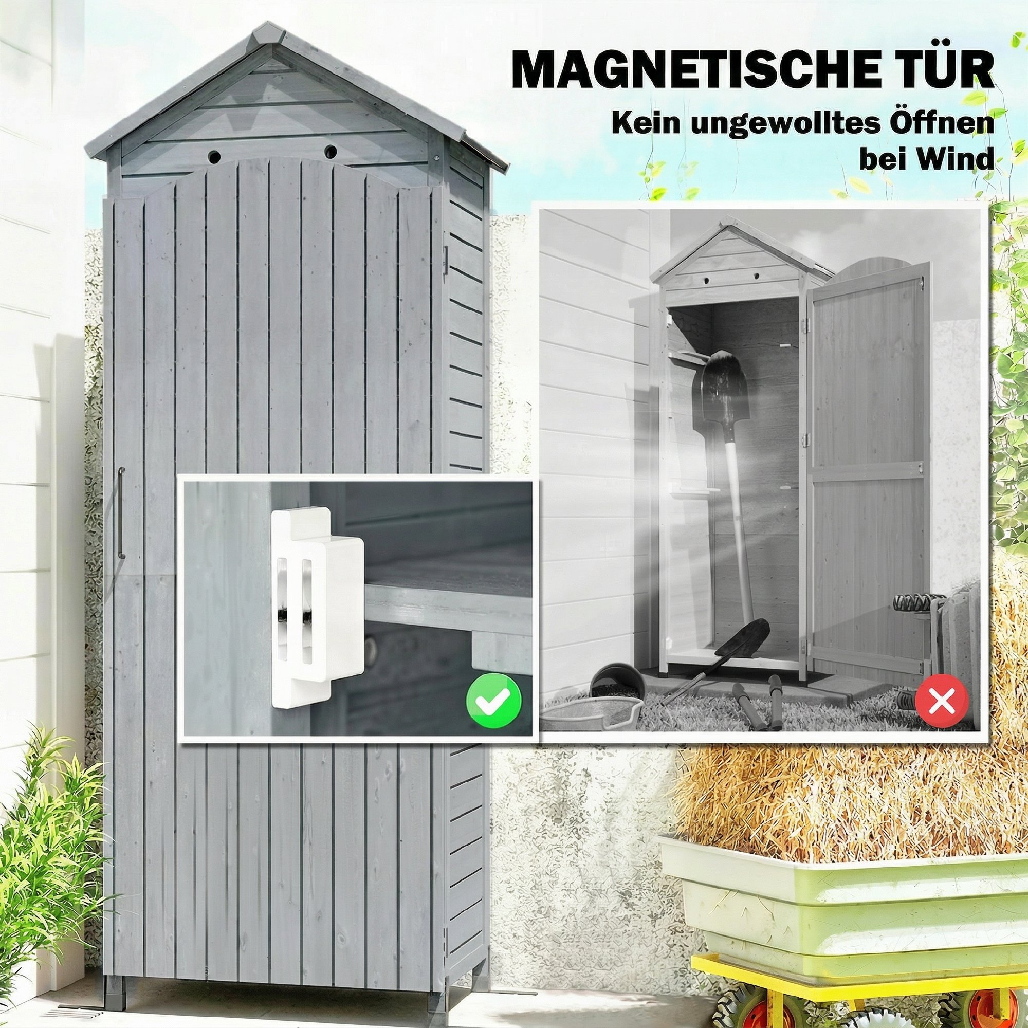 Gartenschrank Holz extra hohe Geräteschuppen mit verstellbar Ablage magnetisch Tür galvanisiert Dach Belüftung