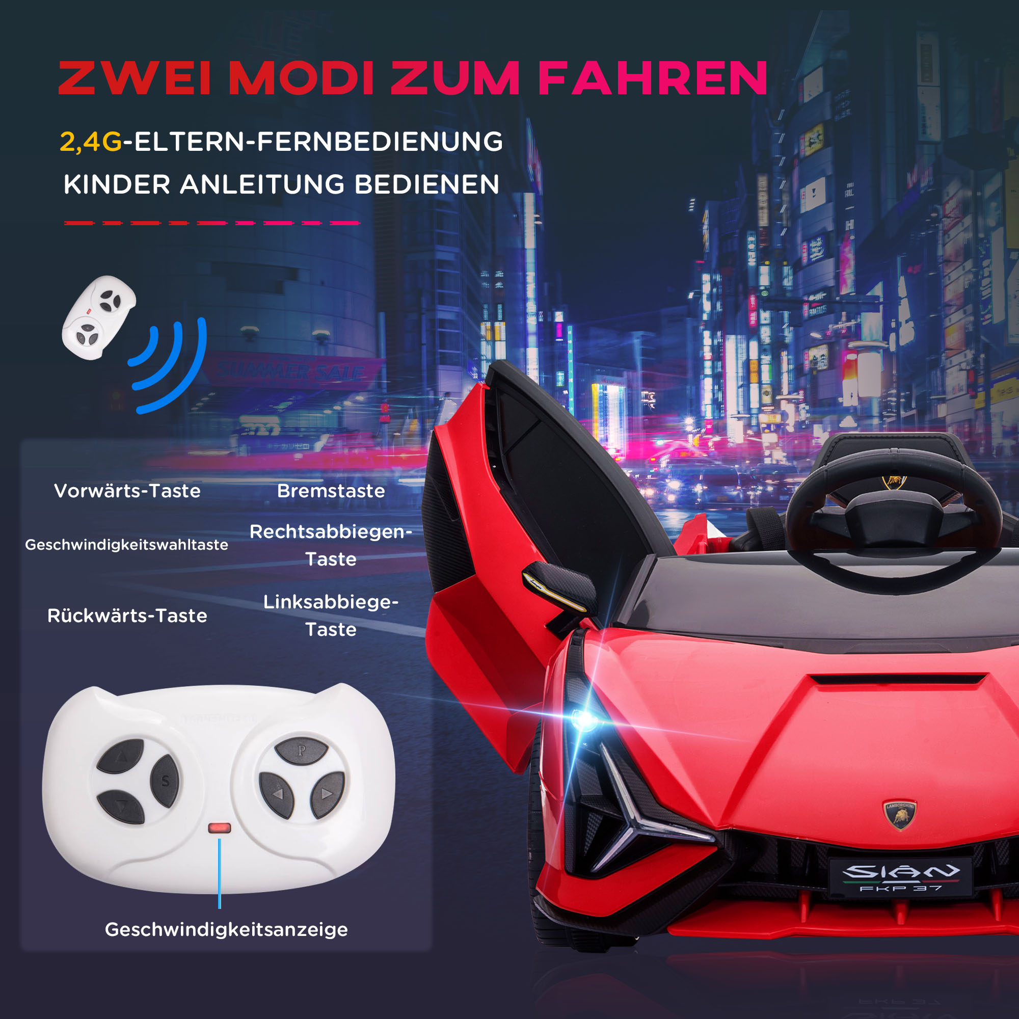 Kinderfahrzeug 12V 2 Fahrmodi Lamborghini SIAN SUV-Auto-Spielzeug Elektroauto mit Fernbedienung Musik(MP3/USB) Licht 37-60 Monate Metall Rot 108 x 62 x 40 cm