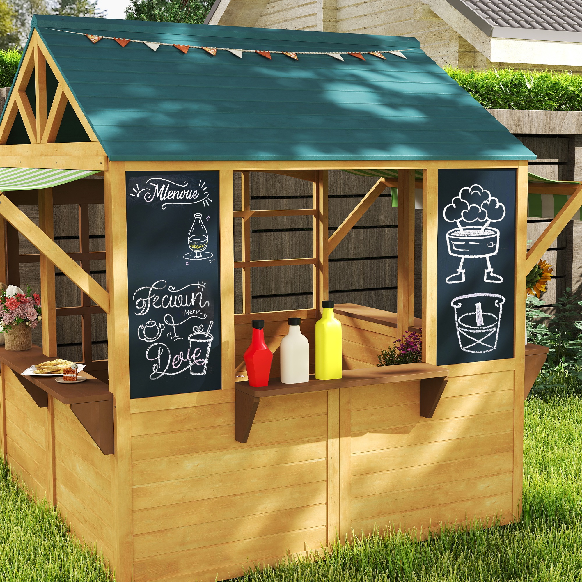 Kinderspielhaus aus Tannenholz, Faltbares Häuschen mit Fenstern, Tür, für Kinder im Alter von 3-8 Jahren, Braun+Blau
