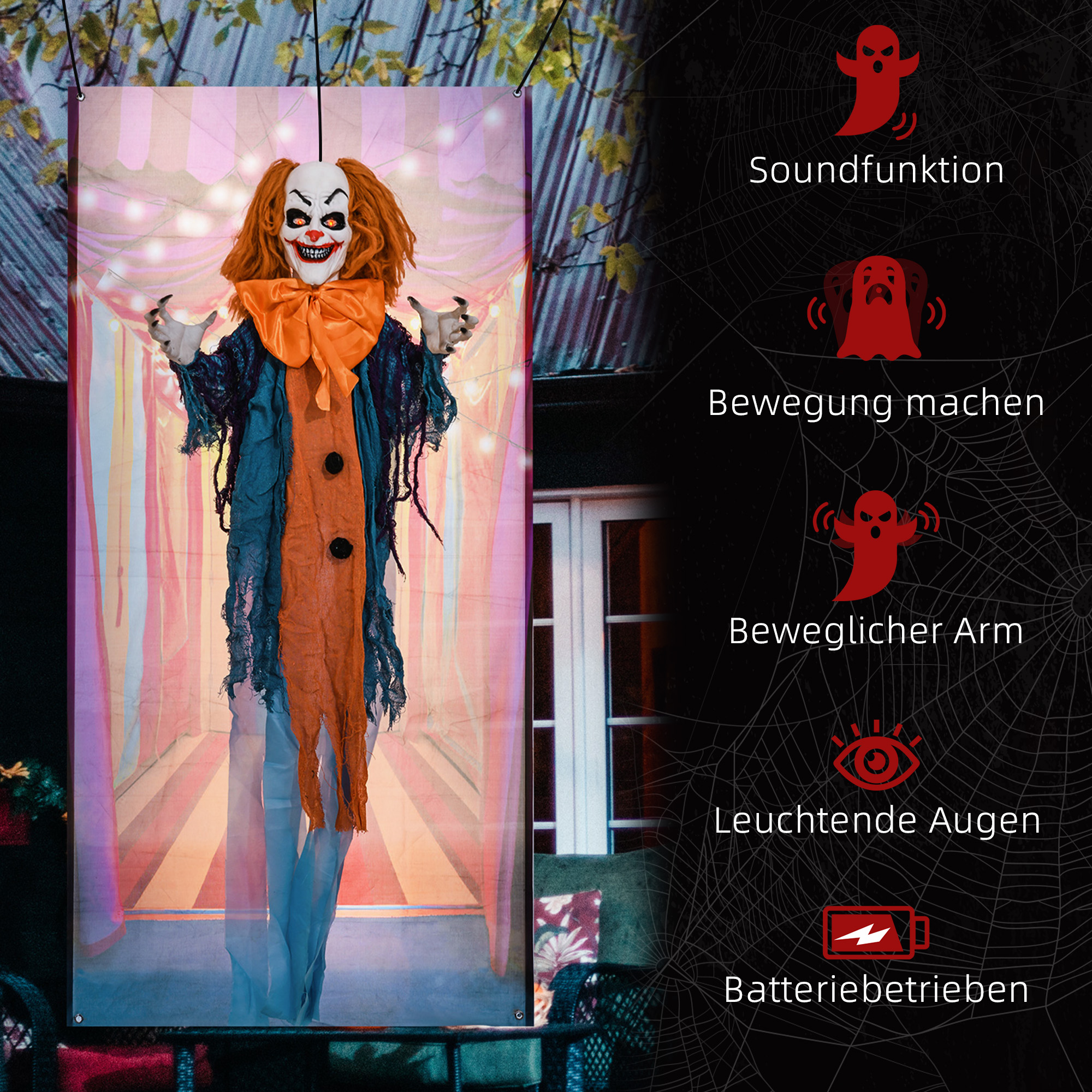 Horrorclown, Helloweendeko, aktiviert mit Geräusche/Berührung, rote Augen, Sound, 168 cm Horrorclown, Helloweendeko, aktiviert mit Geräusche/Berührung, rote Augen, Sound, 168 cm