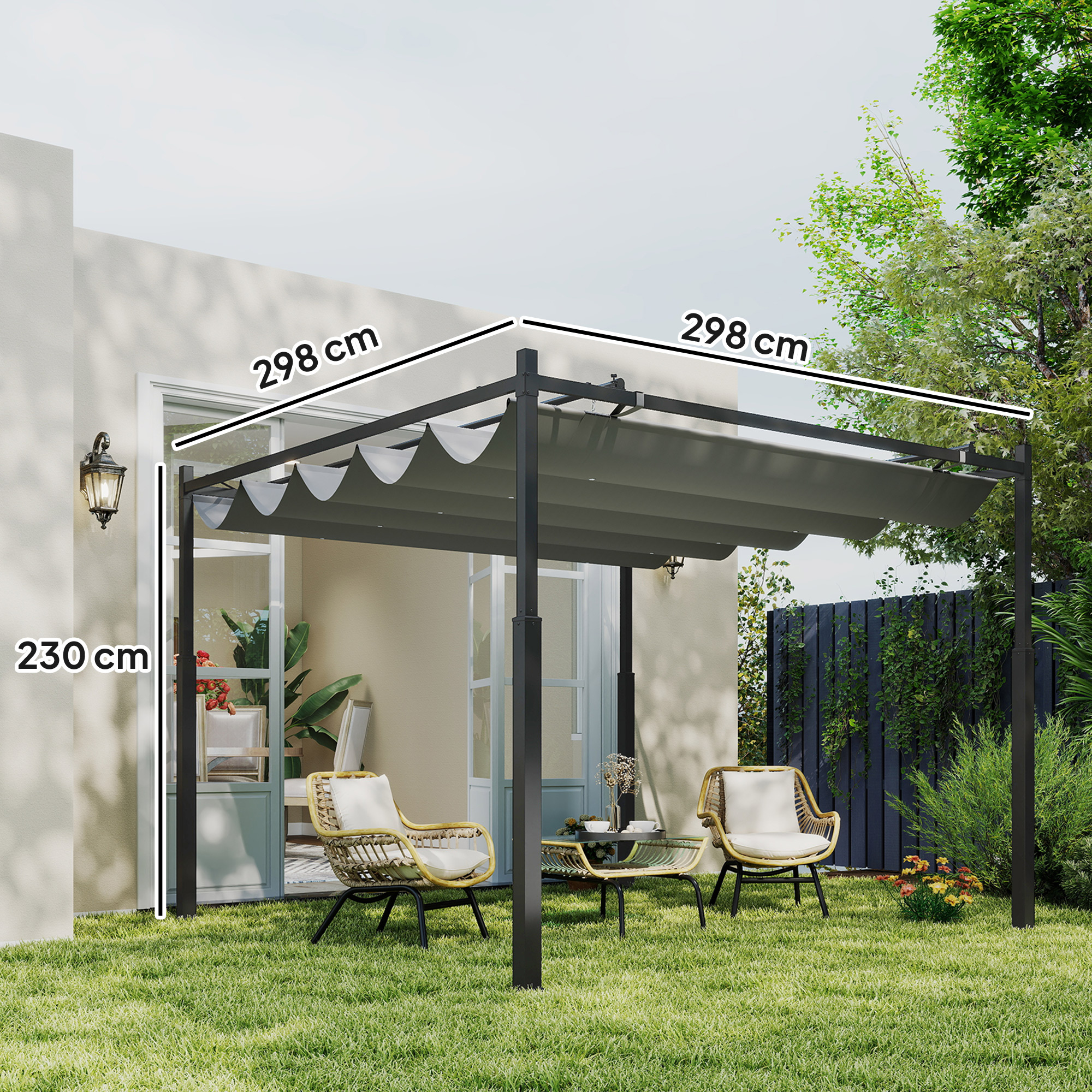 Pergola ca. 3x3 m Freistehend Terrassenüberdachung mit Schiebedach, magnetisches Pad, 8 cm Säule UV-beständig