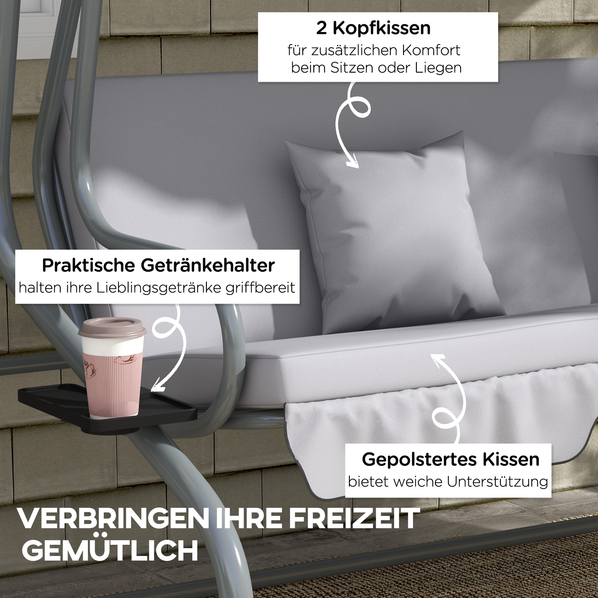 2-in-1 Hollywoodschaukel mit Liegefunktion, verstellbares Dach, bis 340 kg, Stahl, 200x120x164 cm, Grau