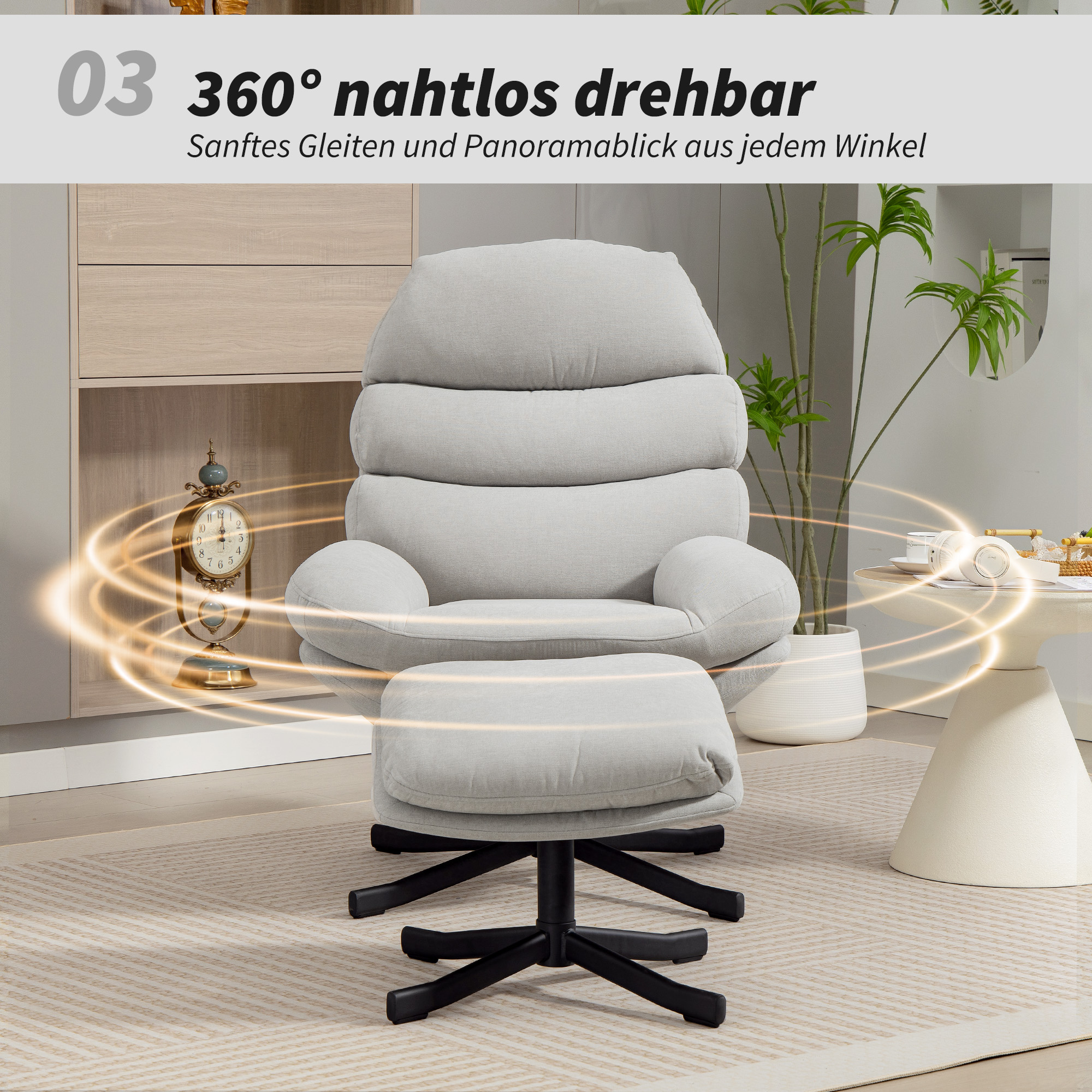 Relaxsessel mit Hocker Sessel Loungesessel mit Chenille-Stoff, Modern Fernsehsessel, 78 x 93 x 100 cm, Cremeweiß