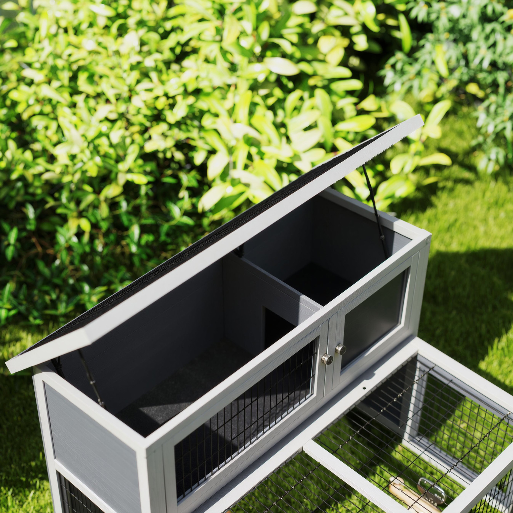 Hasenstall 2 Ebenen mit klappbar Dach Kaninchenstall aus Vollholz Winterfest Doppelstockhaus 122x95x93,5 cm Grau