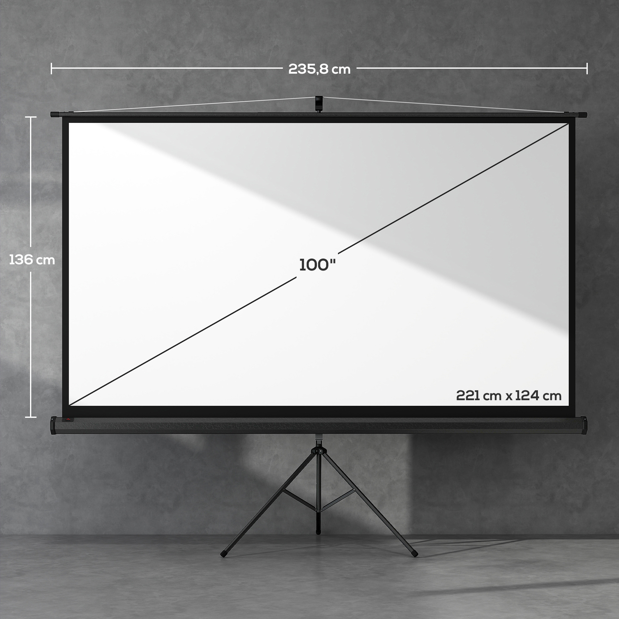 Beamer Leinwand mit Stativ 221 x 124 cm 100 Zoll 16:9 HD 4K Rollo-Leinwand