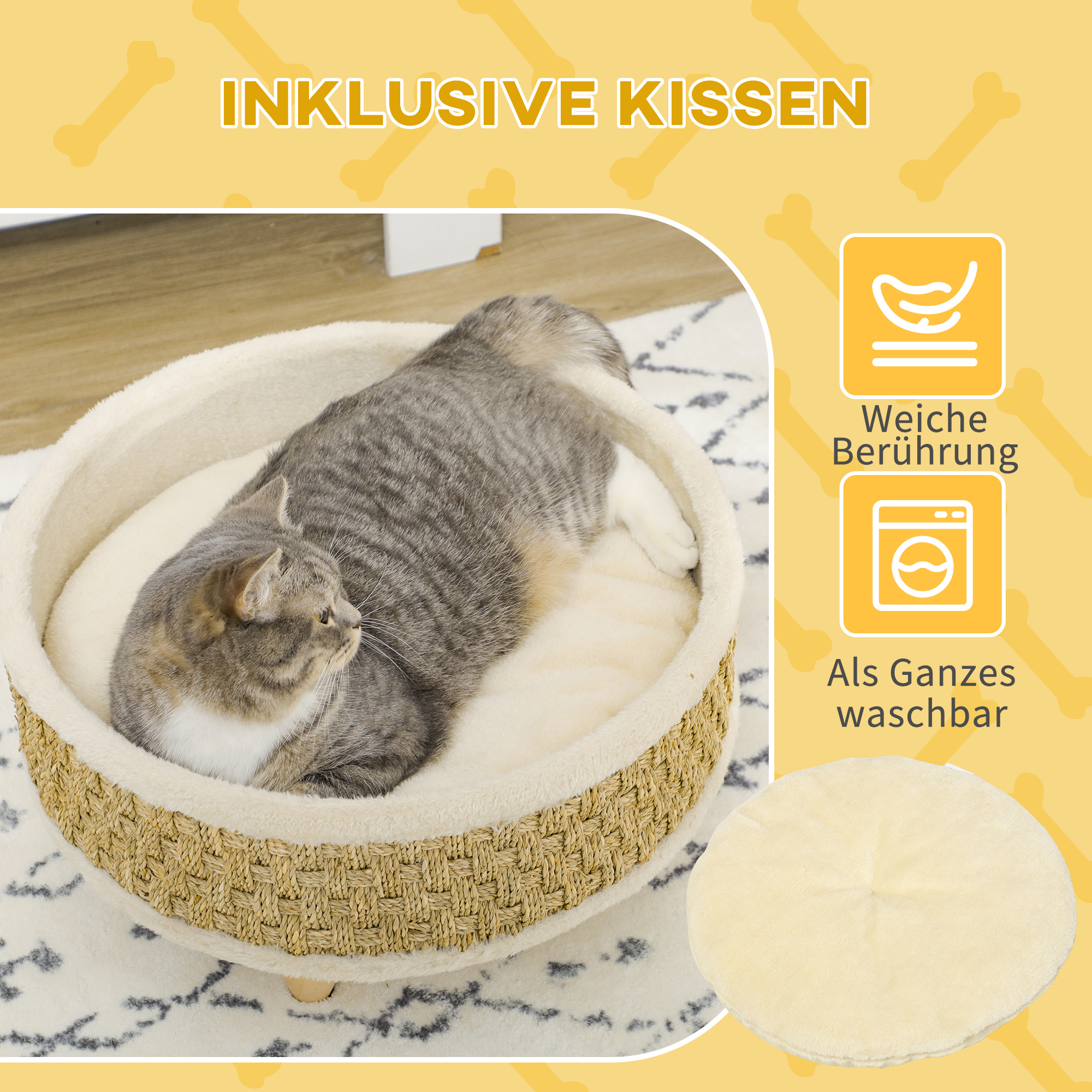 Haustierbett für Katzen und Hunde, Seegras, waschbares Kissen, 48 cm x 48 cm x 24,5 cm, Beige + Khaki - Natur