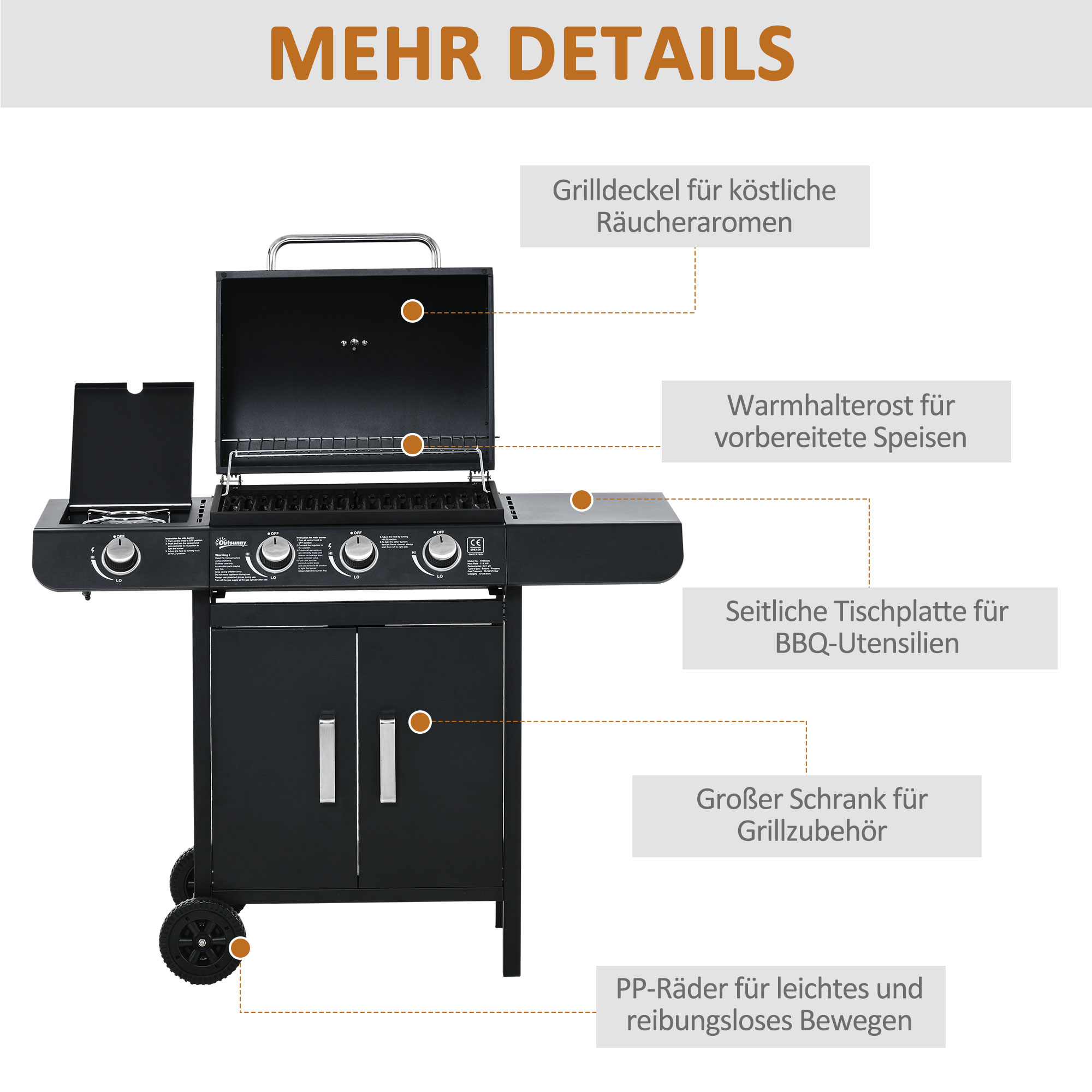 Gasgrill mit 3 Hauptbrennern + 1 Seitenbrenner, Ablage, rostfreier Stahl, schwarz, 110 x 50 x 100 cm