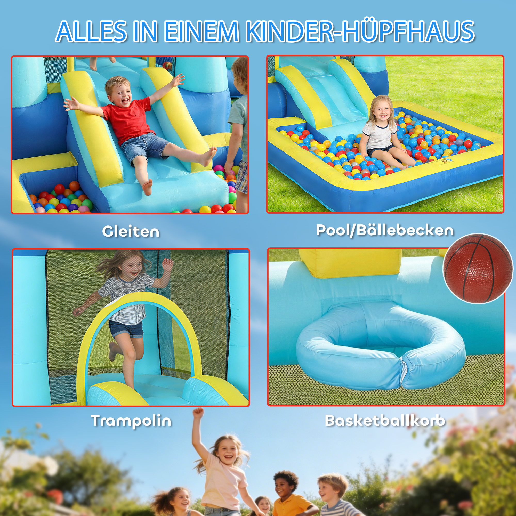 Hüpfburg Aufblasbar Spielcenter mit Gebläse Rutsche Trampolin Planschbecken/Bällebad Wasserpistole 364x173x182 cm Blau