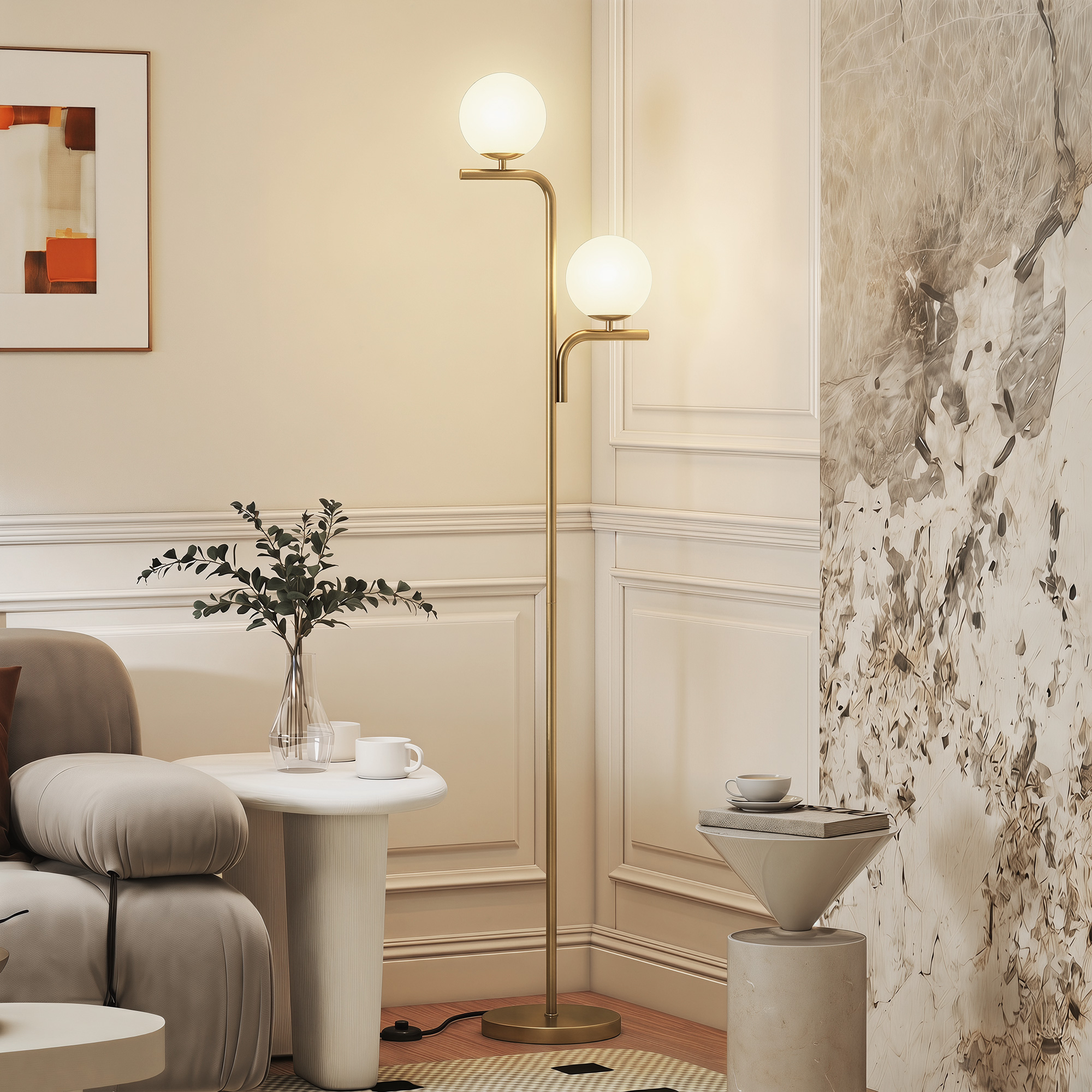 LED-Stehlampe, moderne Lampe mit 3 Farbtemperaturen, Glaskugelschirme und Fußschalter, Gold