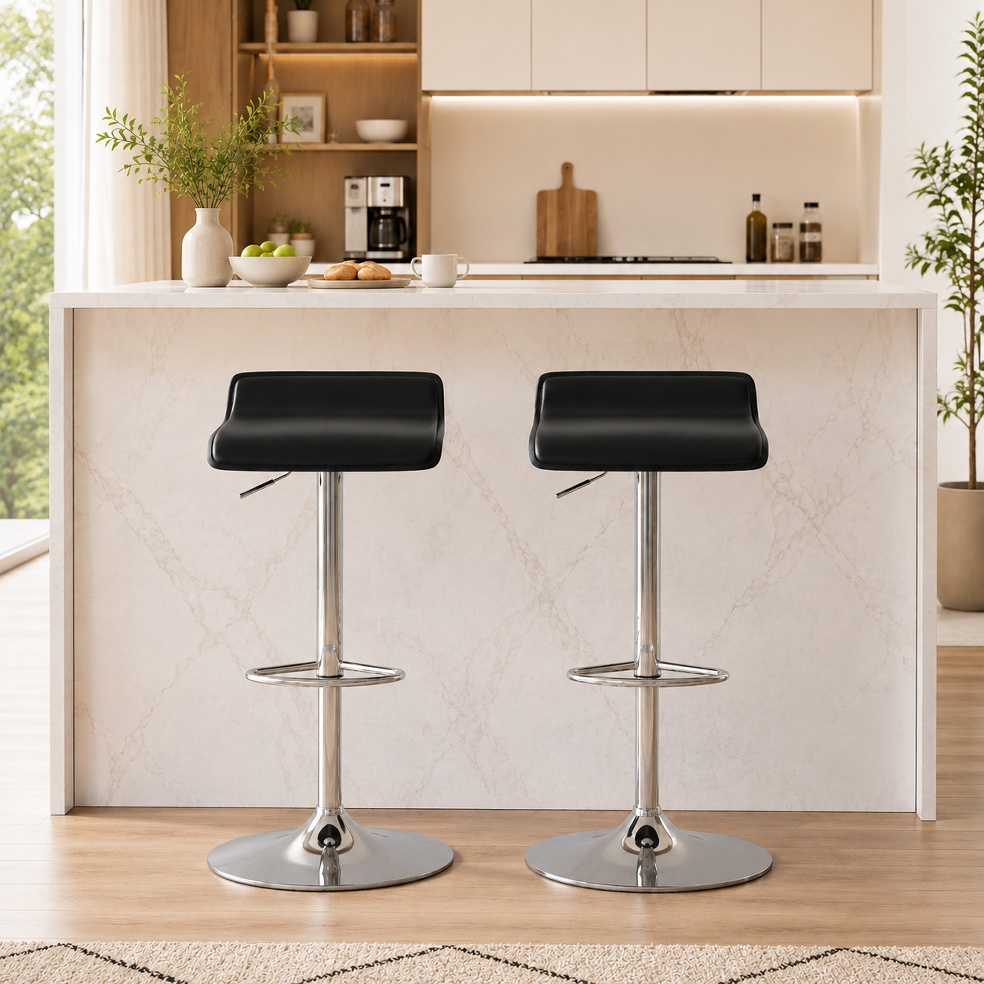Barhocker 360° Drehbar Barstuhl mit Silber-Stahlgestell, Höhenverstellbar Küchenstuhl mit Fußstütze, Schwarz