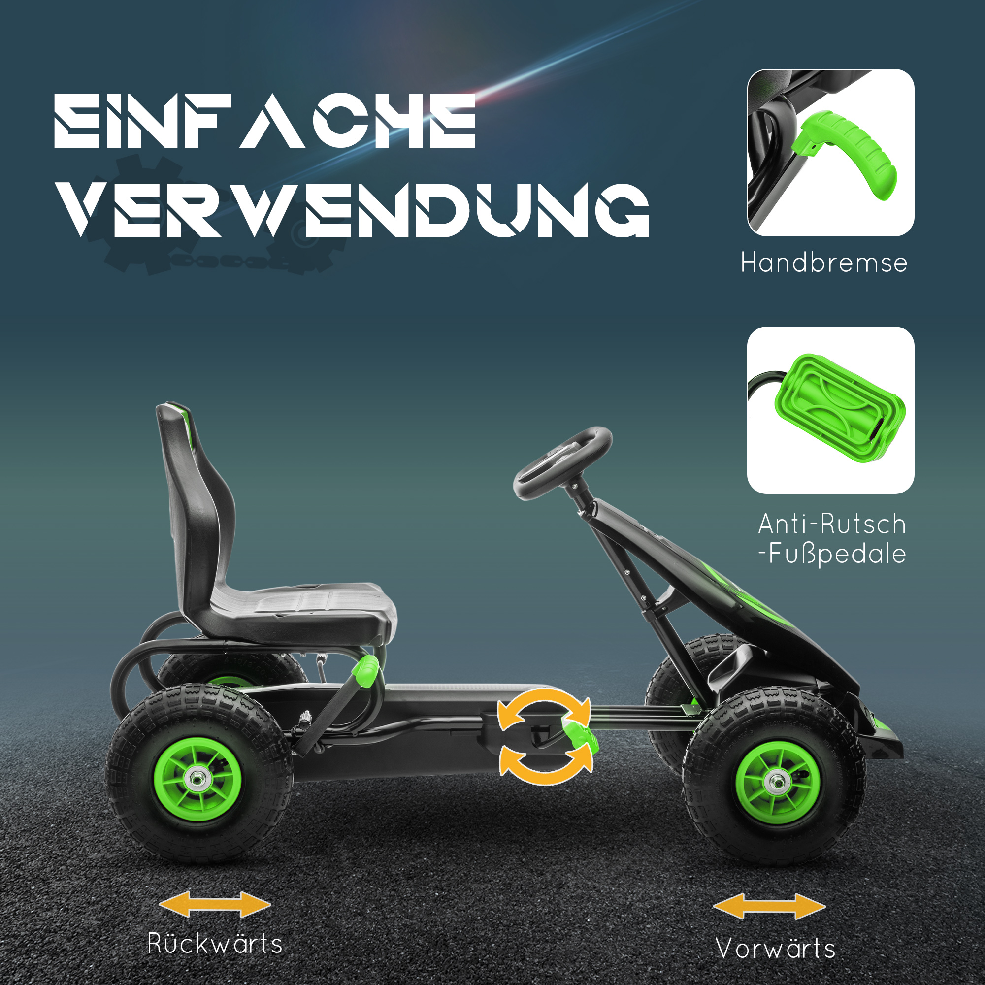 Kinder-Gokart, mit Pedalen, verstellbarem Sitz, In- und Outdoor, ab 5 Jahren, Grün+Schwarz, 121 x 58 x 61 cm