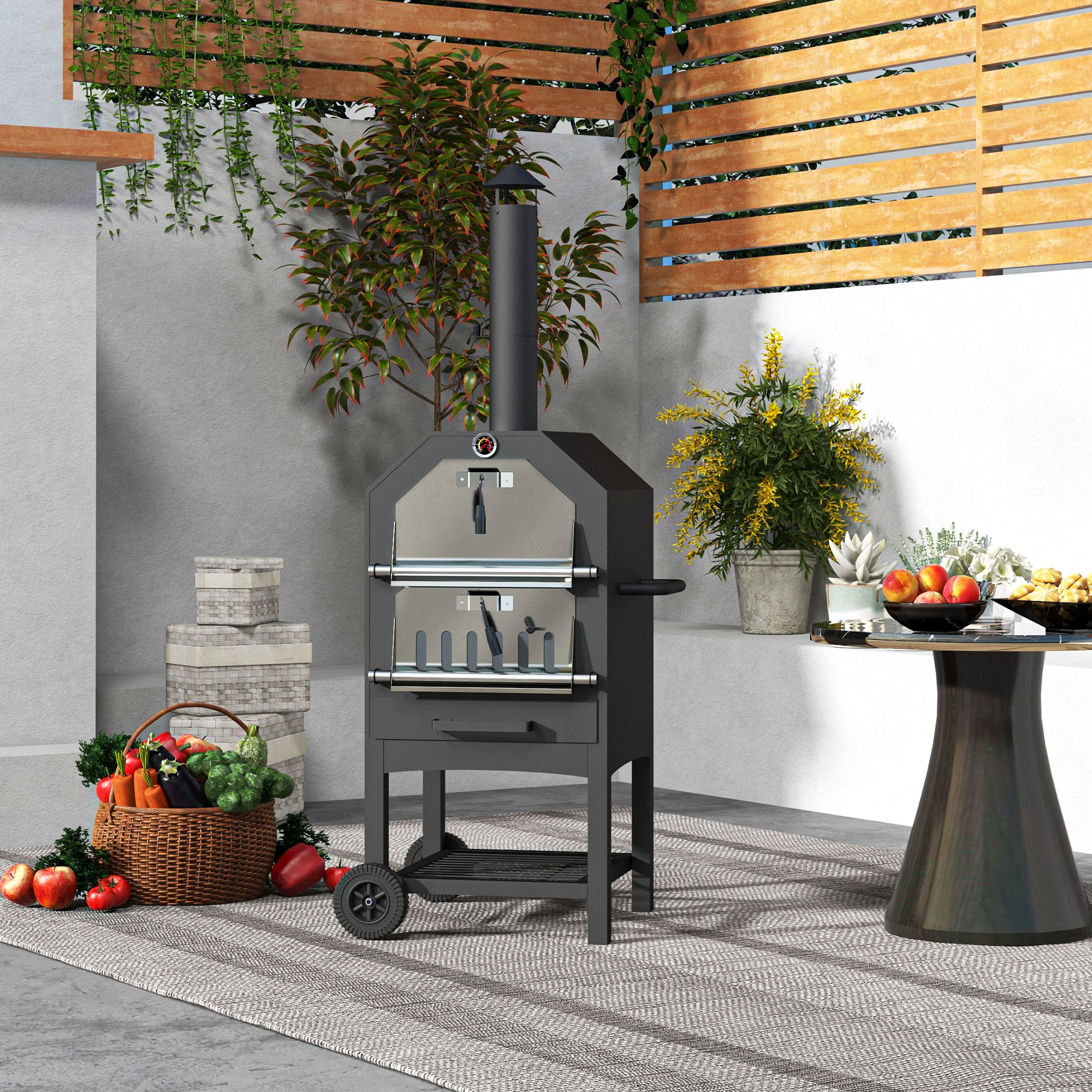 2-in-1 Outdoor Pizzaofen, mit Pizzastein, Aschefach, 2x Grillrost, Thermometer, rostfrei, Schwarz