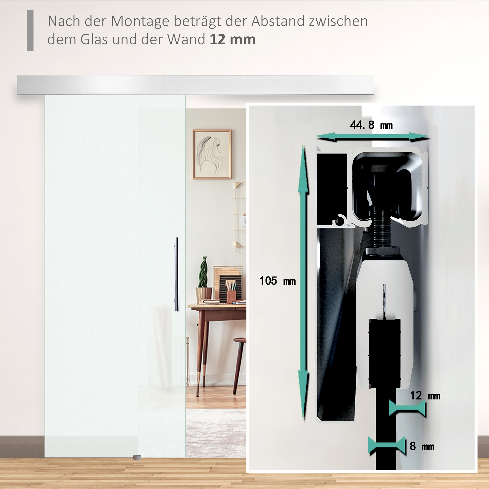 Glasschiebetür mit Griffstange, einseitig satiniert, 90 x 205 cm