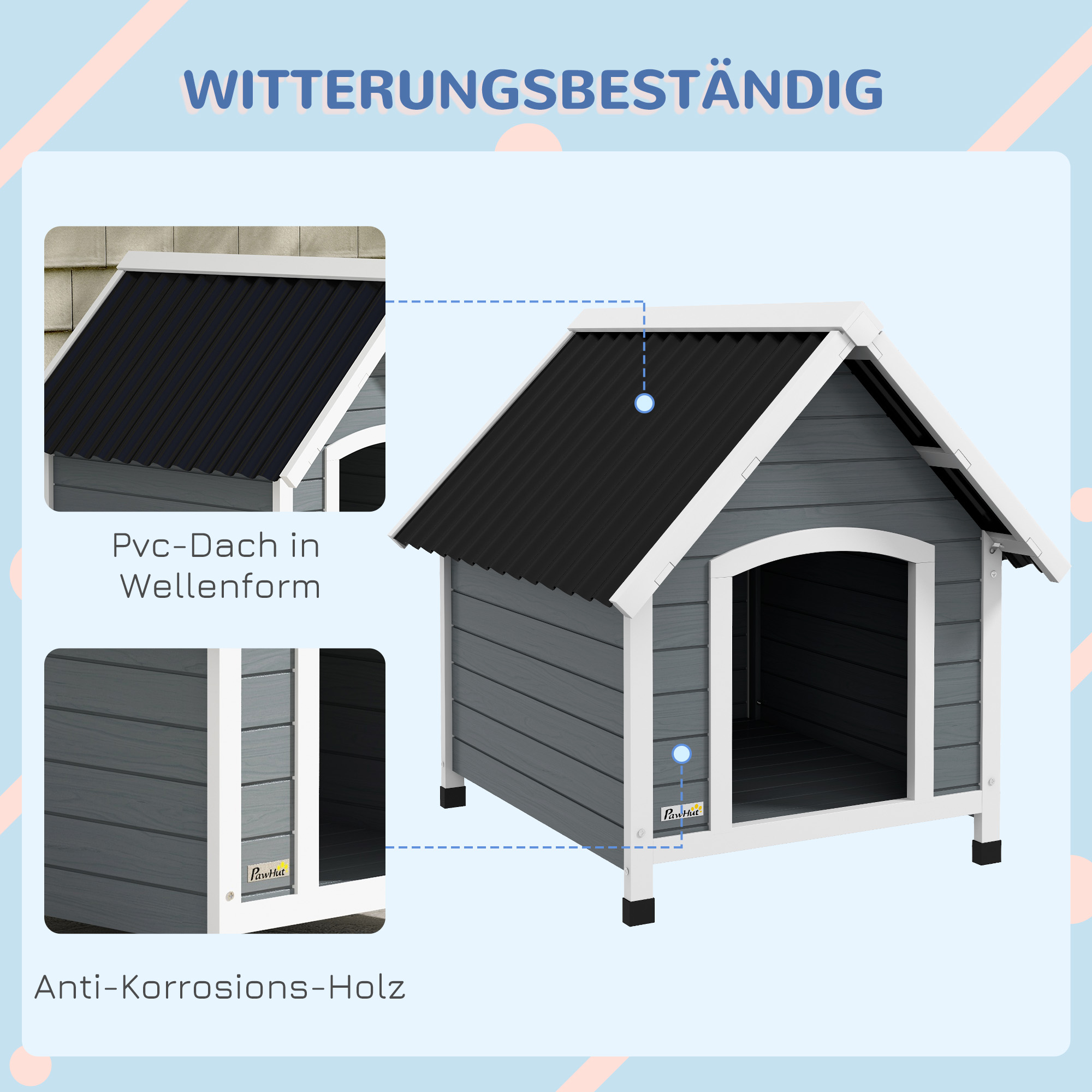 Hundehütte, wetterfest, herausnehmbarer Boden, Tannenholz, 75x88x82 cm, Grau/Schwarz