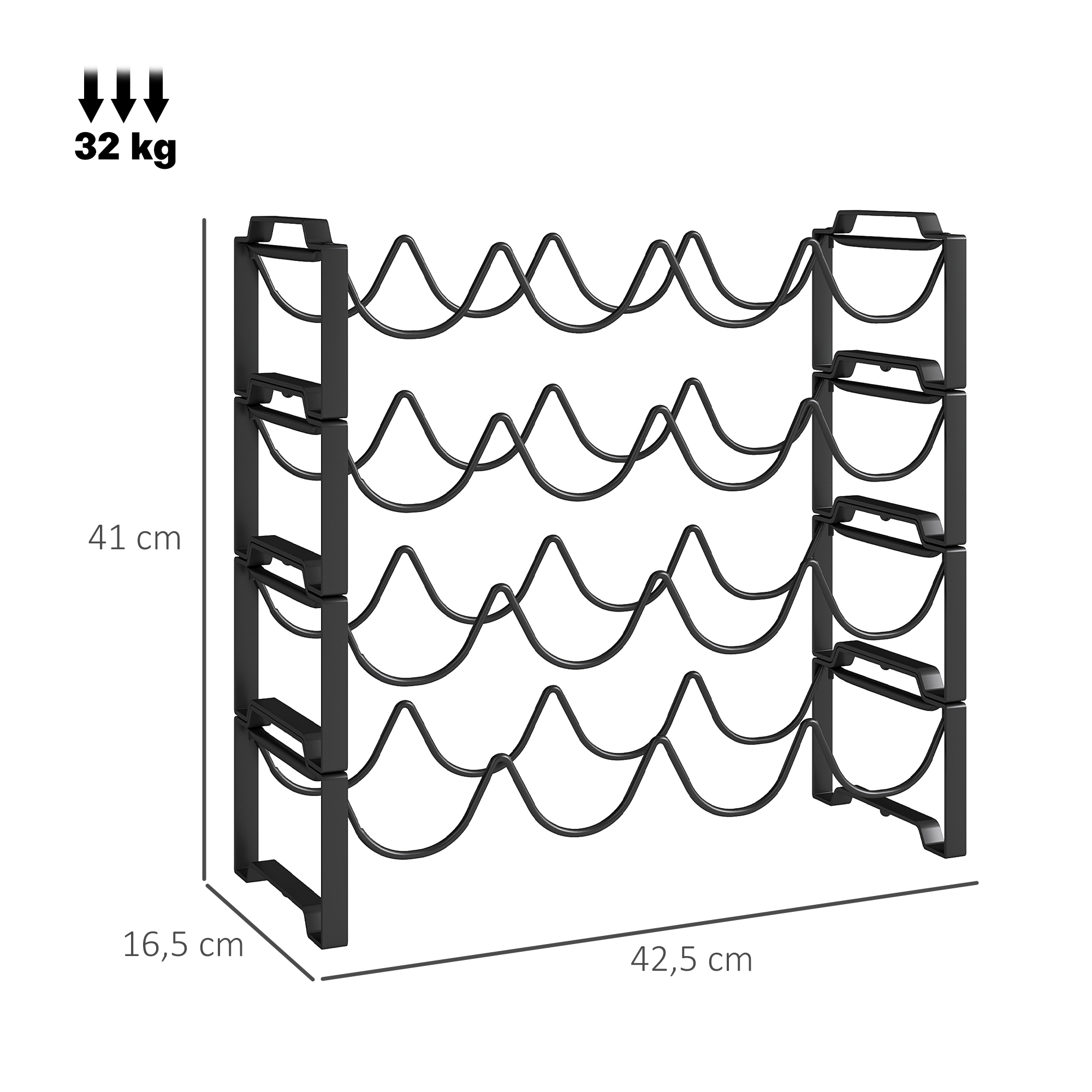 4-stufiges Weinregal, freistehendes Regal für 16 Weinflaschen, Metall, Schwarz