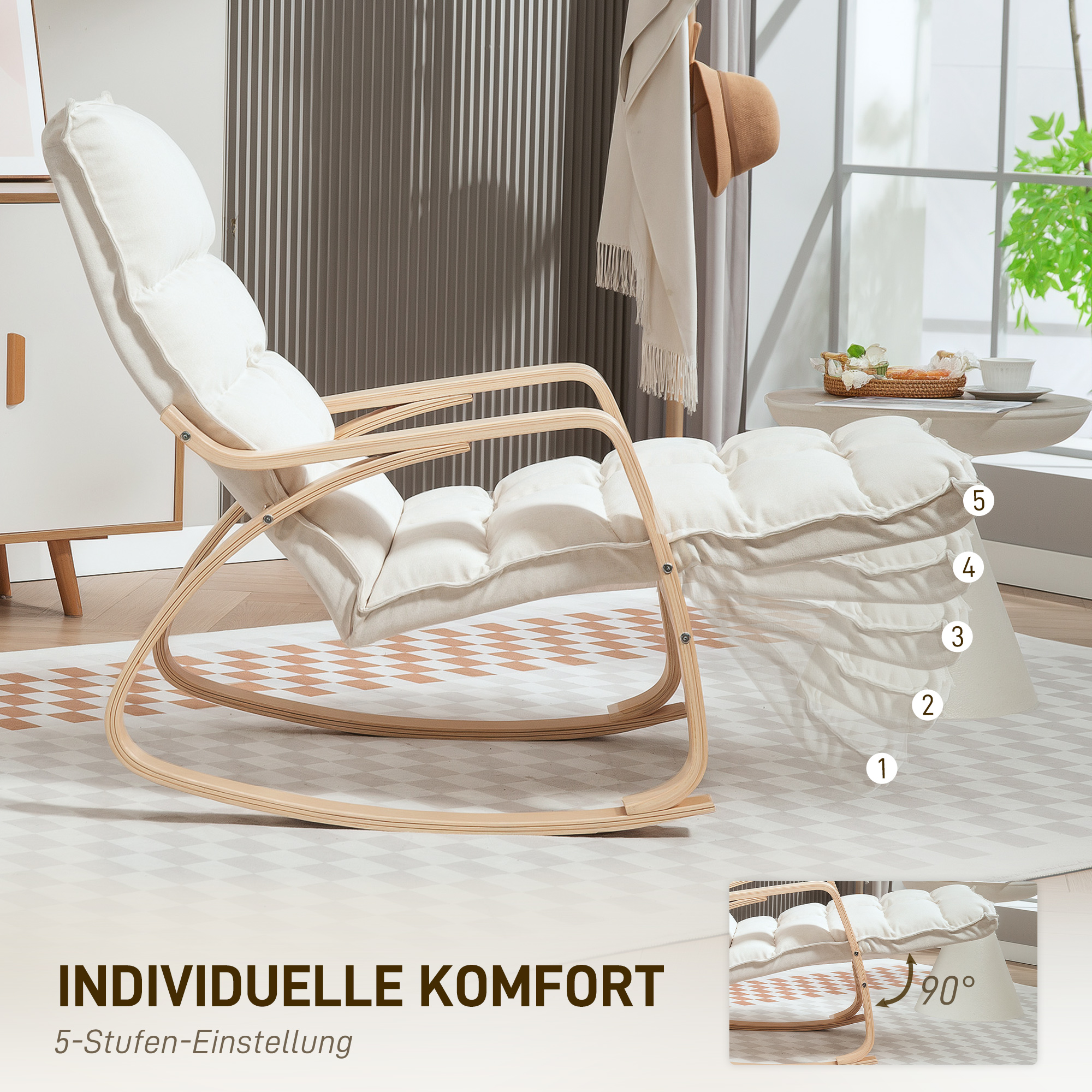 Gepolsterter Schaukelstuhl, Entspannungssessel mit Armlehnen und Stahlrahmen, für Wohnzimmer, Schlafzimmer, Cremeweiß