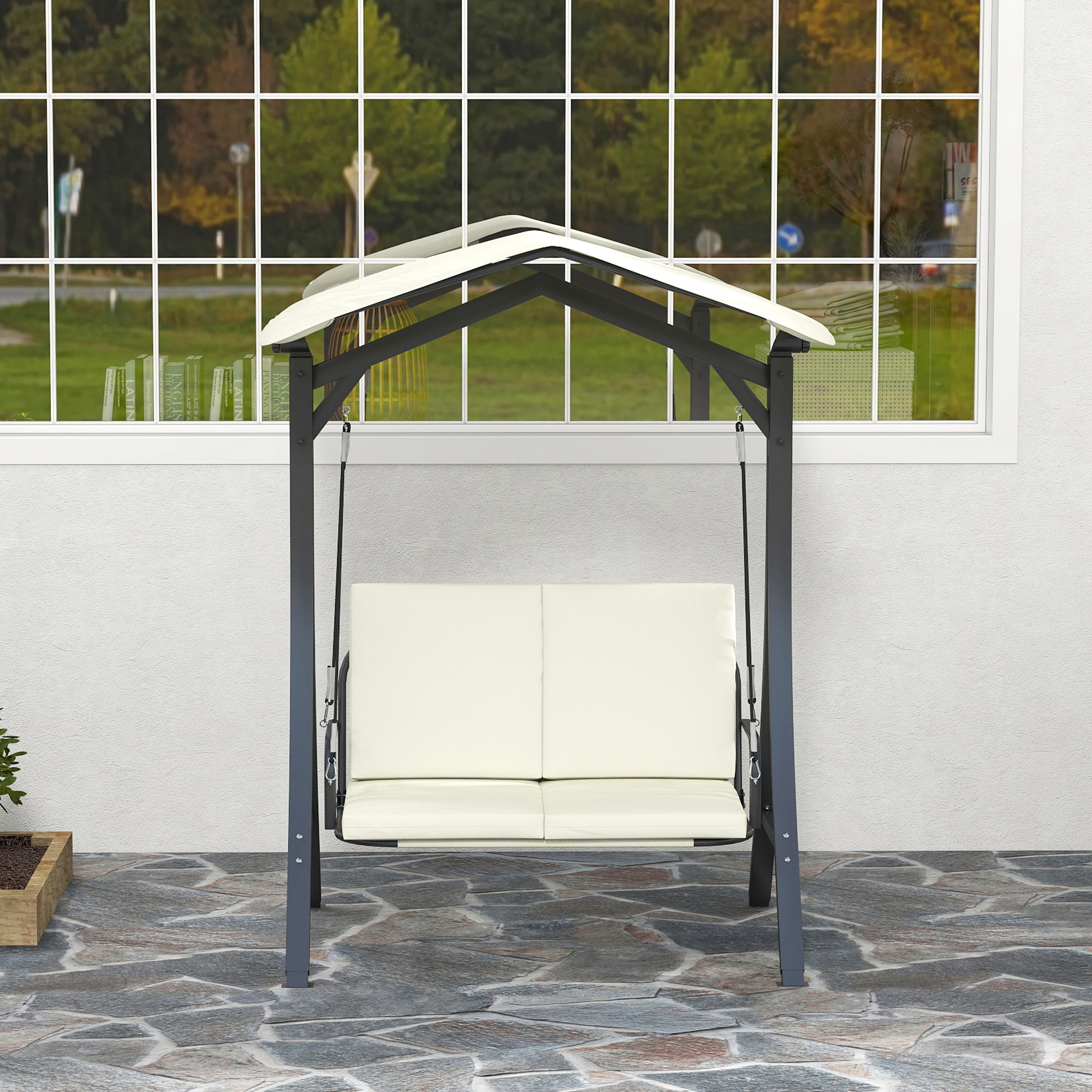 Hollywoodschaukel mit verstellbarem Sonnendach Sitzauflage, 2-Sitzer bis 220kg 150x120x182cm, Cremeweiß
